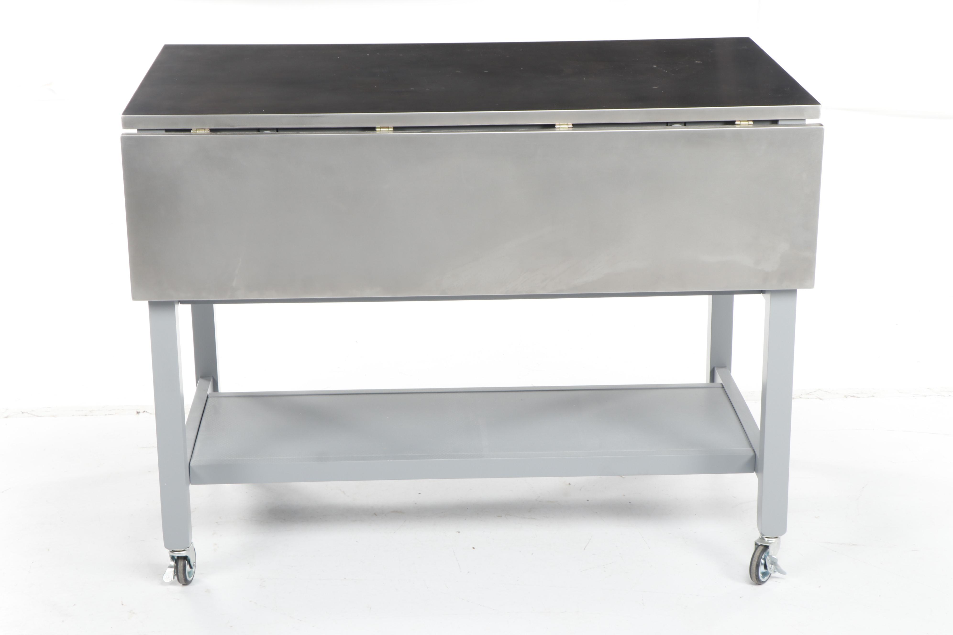 Contemporary Crate & Barrel Modern Metal Plated Top Work Table with Drop Leaf