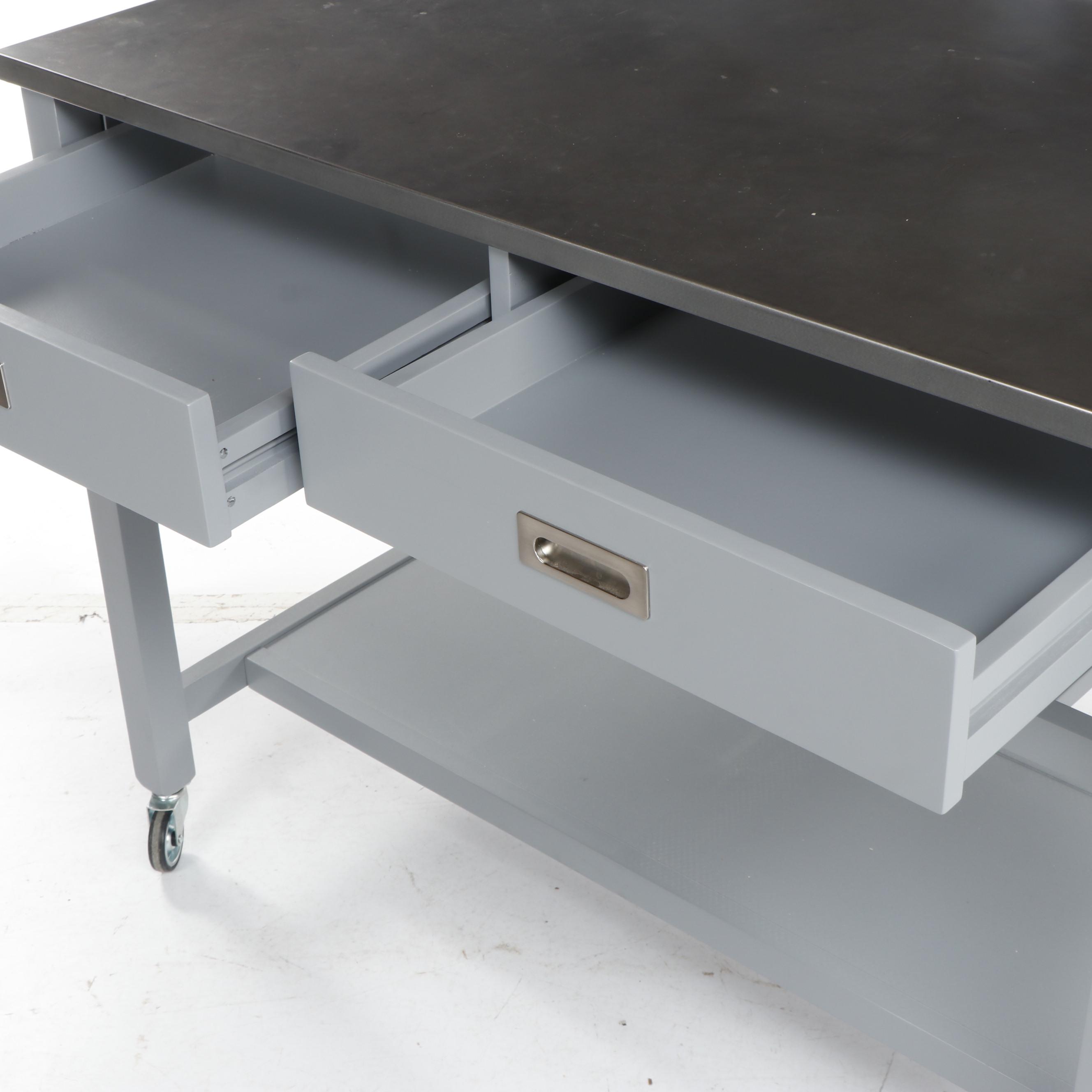 Contemporary Crate & Barrel Modern Metal Plated Top Work Table with Drop Leaf