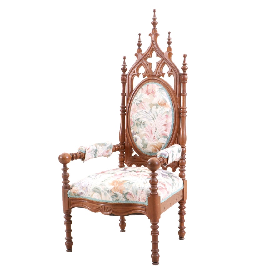 Gothic Revival Style Walnut Upholstered Armchair, Mid-19th Century