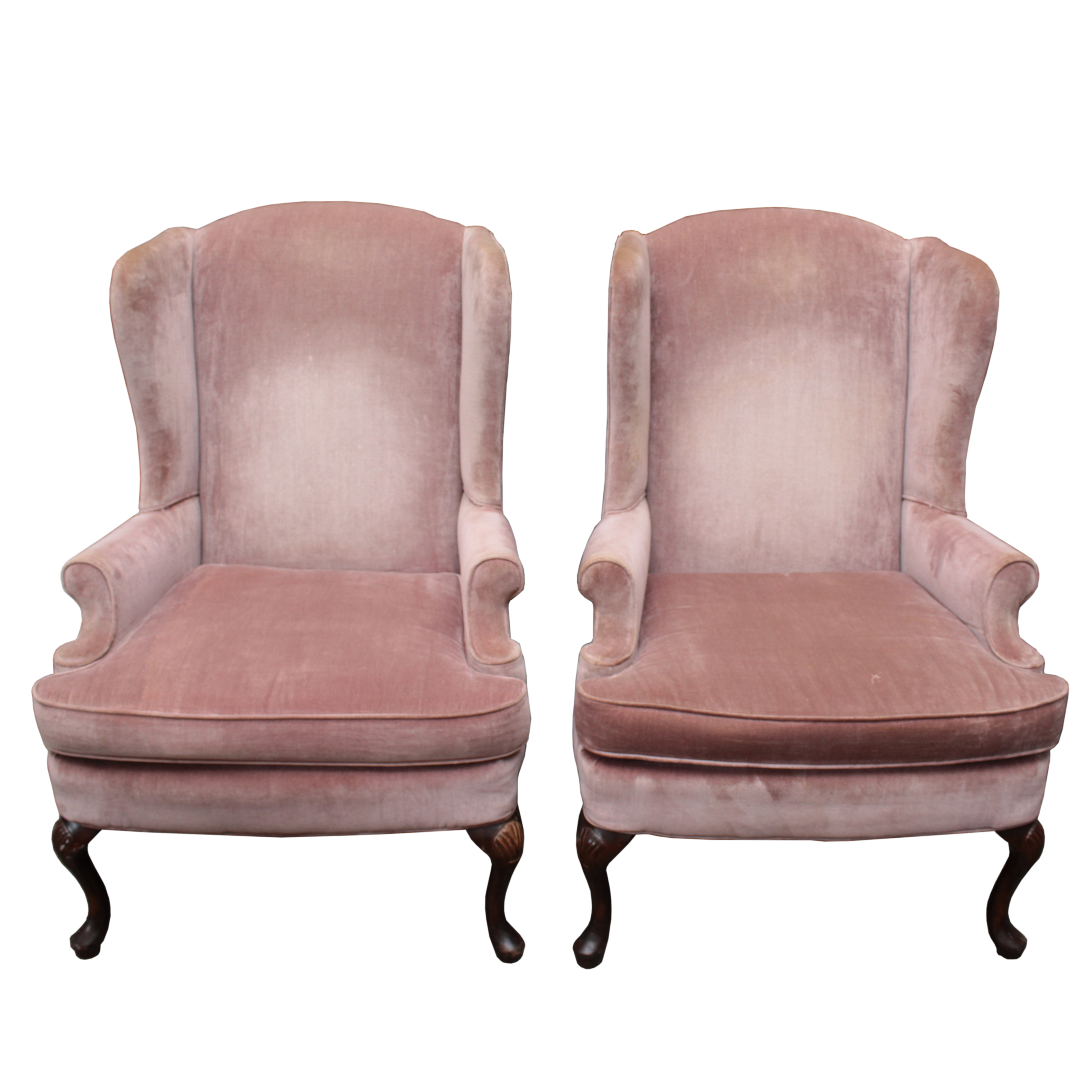 Pair of Queen Anne Style Custom-Upholstered Wingback Armchairs, 20th Century