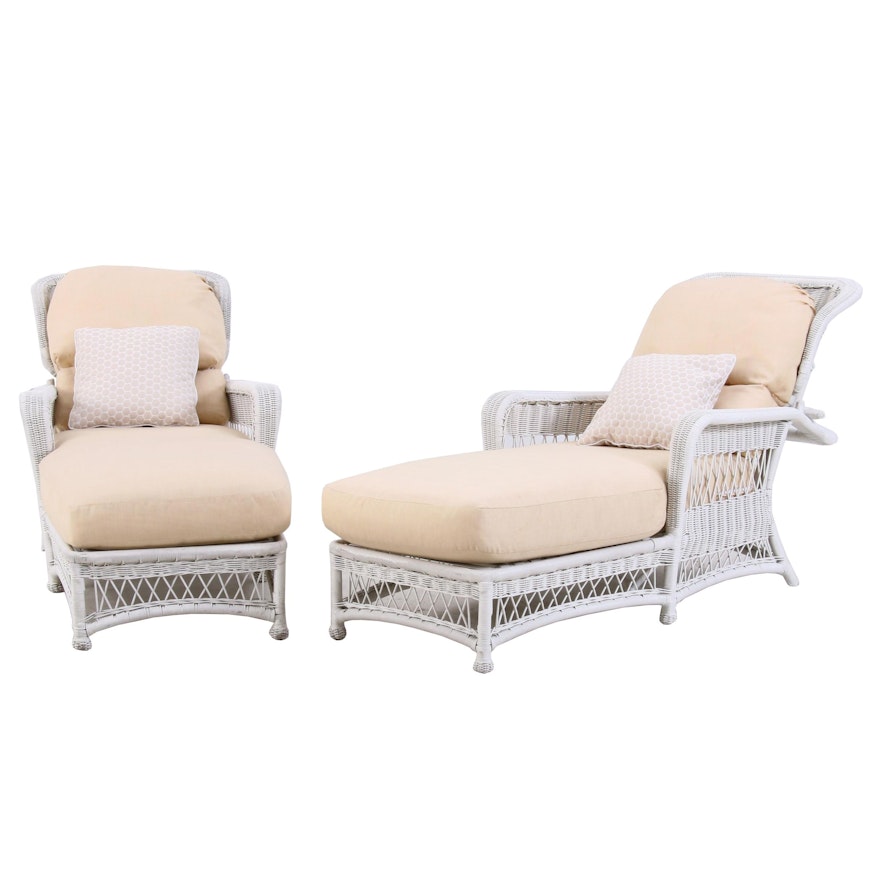 White Wicker Lounge Chairs, Pair