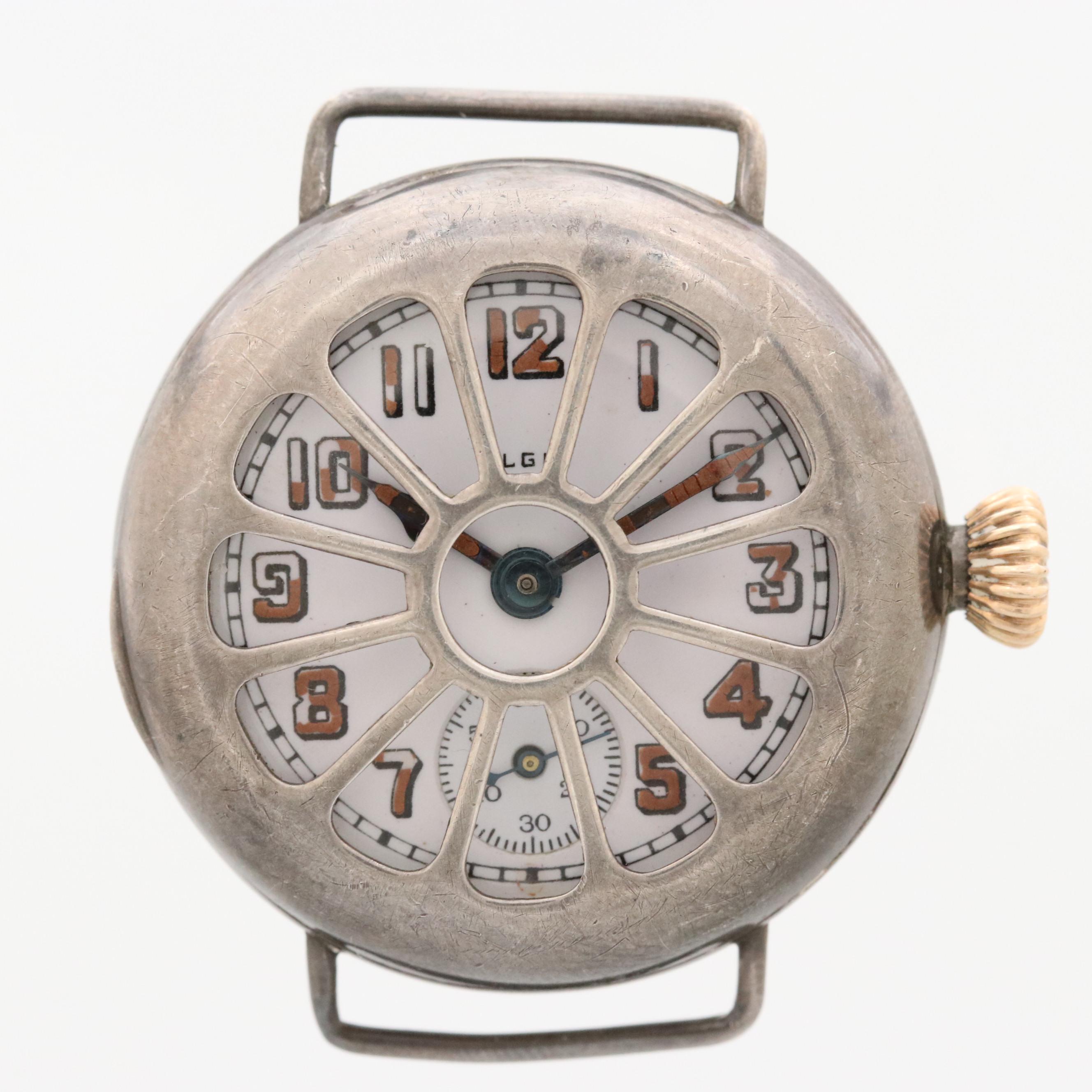 Antique Elgin Sterling Silver Trench Watch With Shrapnel Guard