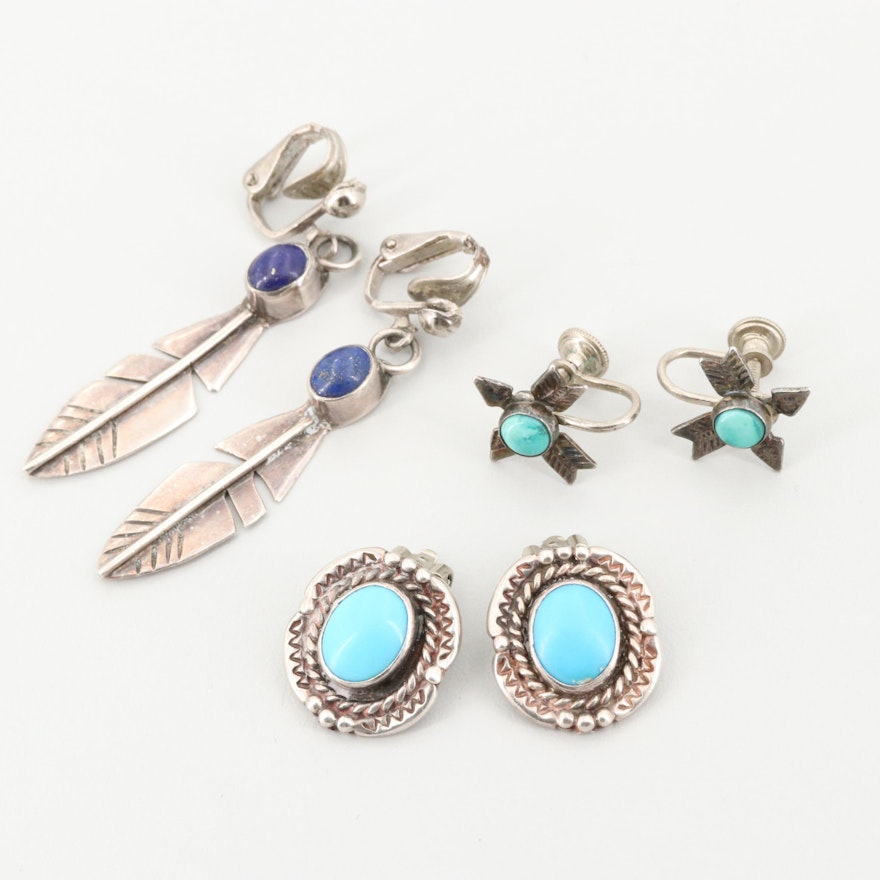 Assortment of Southwestern Style Sterling Lapis Lazuli and Turquoise Earrings