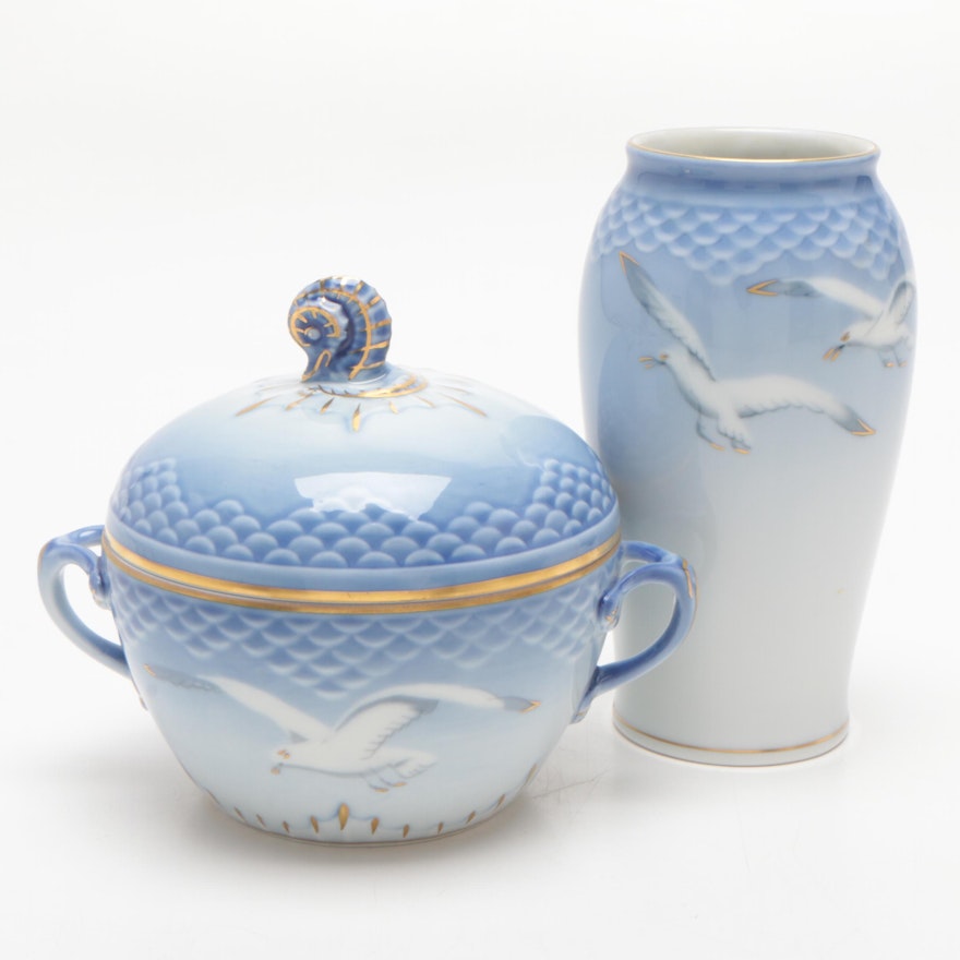 Bing & Grøndahl "Seagull" Porcelain Vase and Lidded Sugar Bowl