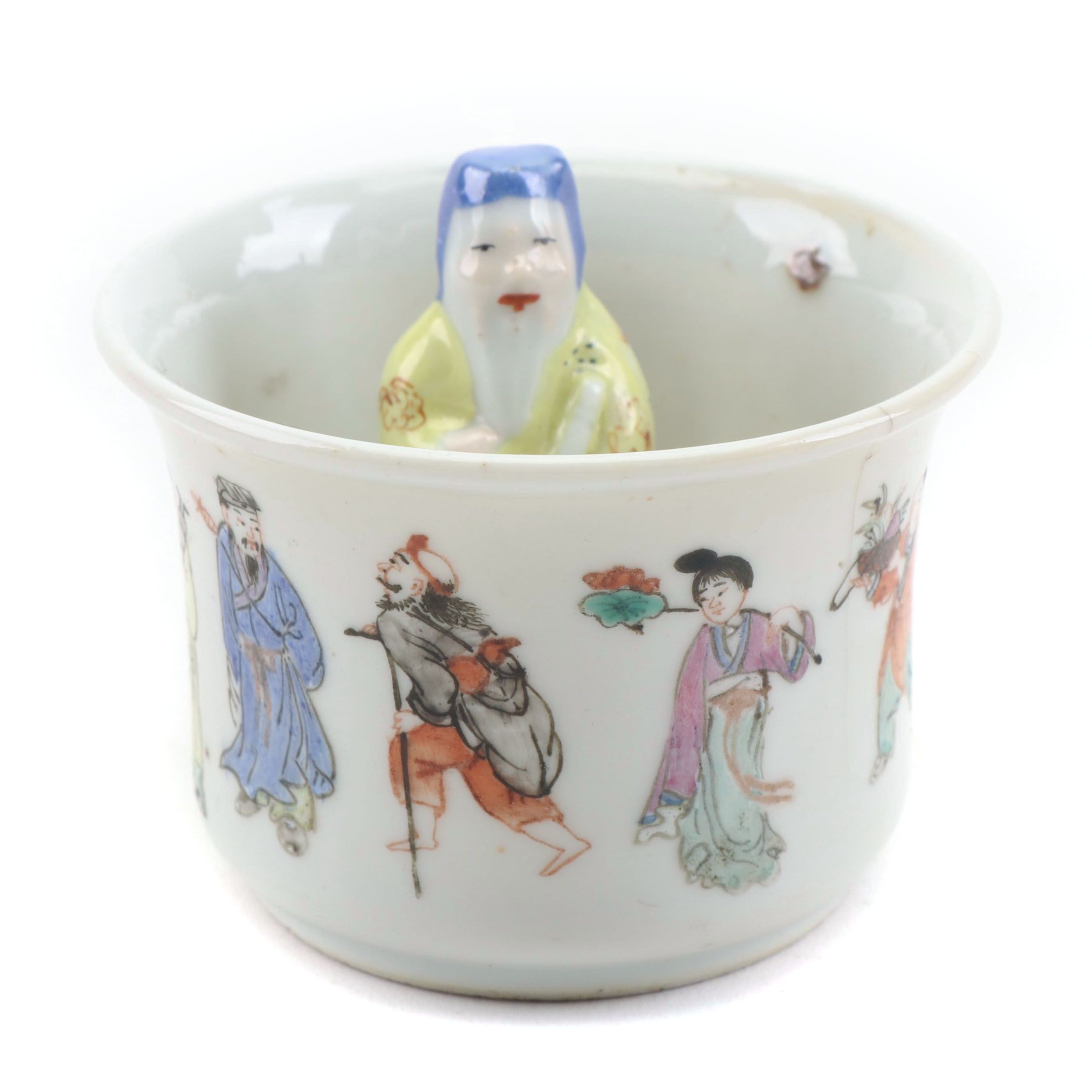 Chinese Porcelain Cup with Eight Immortals Motif and Interior Figure