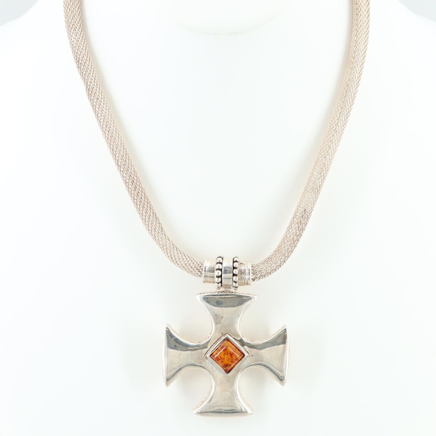 Sterling Silver Amber Maltese Cross Necklace