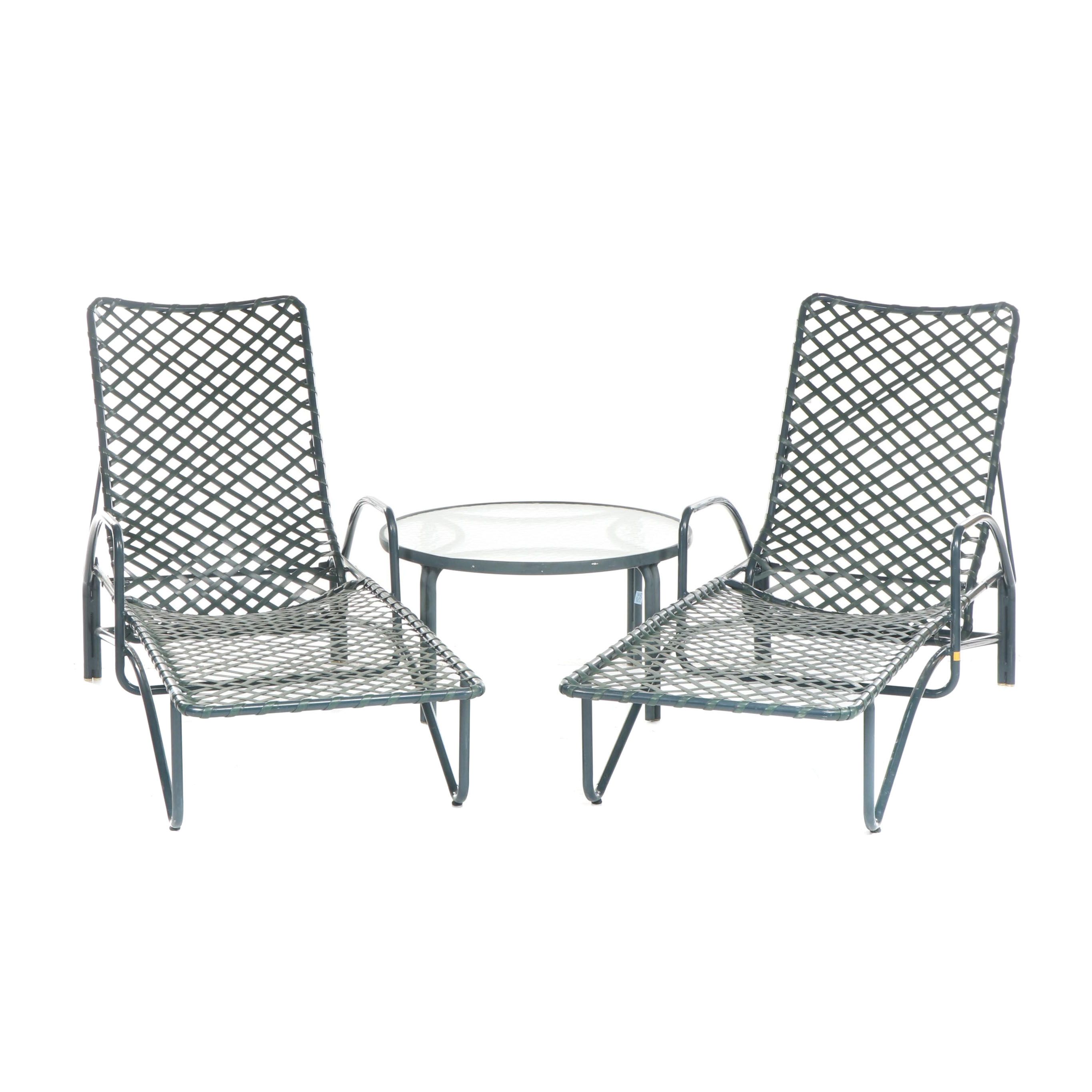 Brown Jordan Green Metal Patio Lounge Chairs with Glass Top Cocktail Table