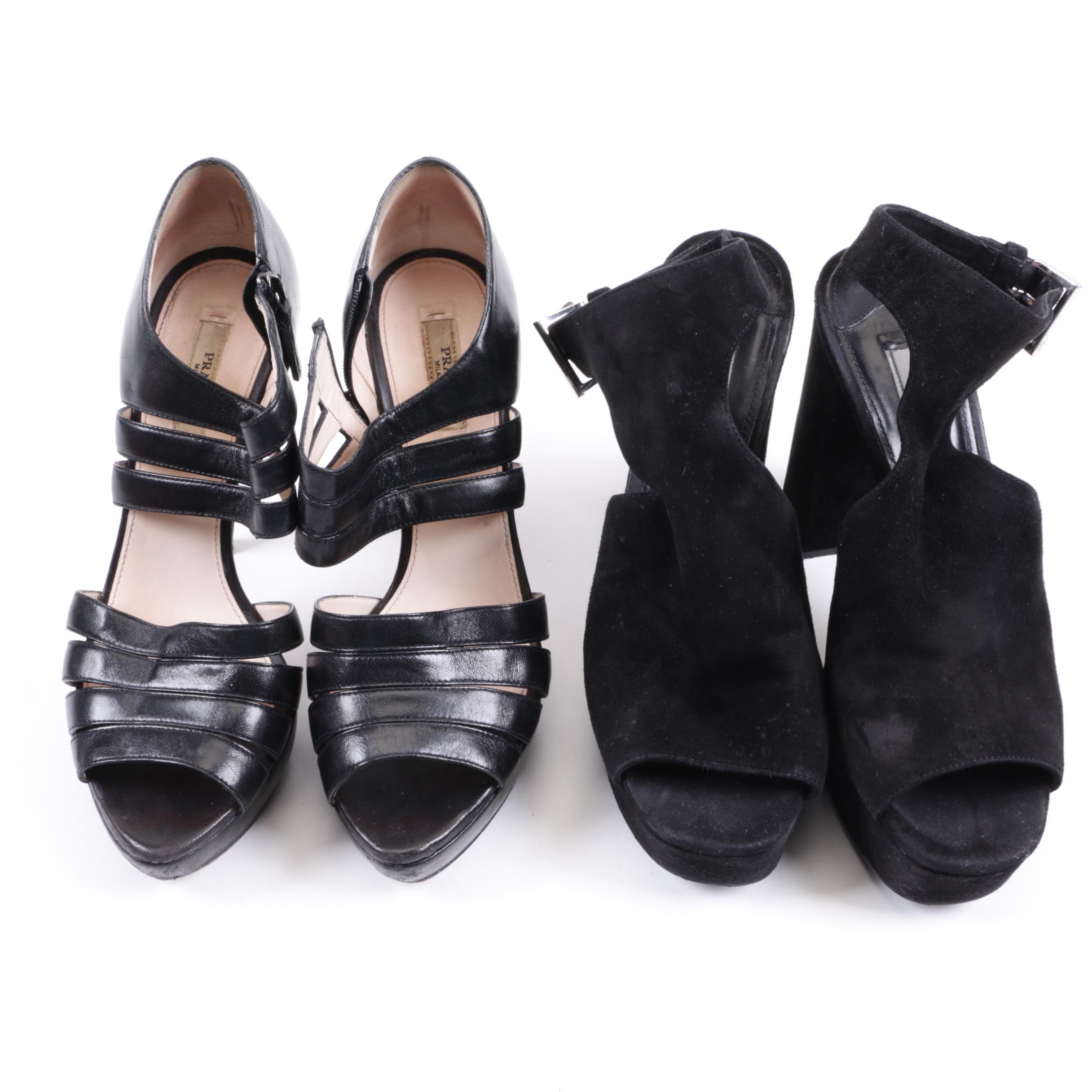 Prada Platform Strappy Heels and Platform T-Straps in Black Leather and Suede