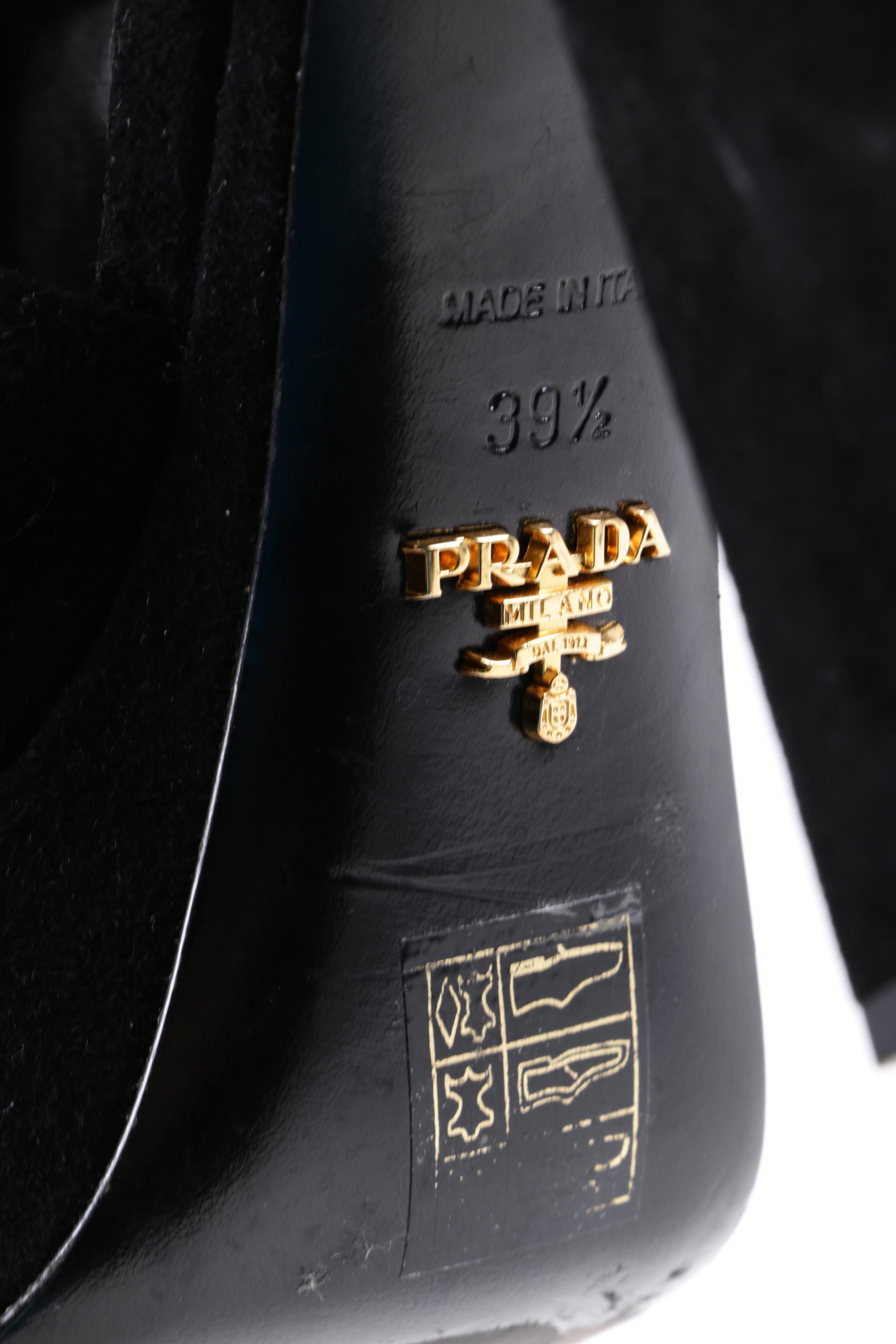 Prada Platform Strappy Heels and Platform T-Straps in Black Leather and Suede