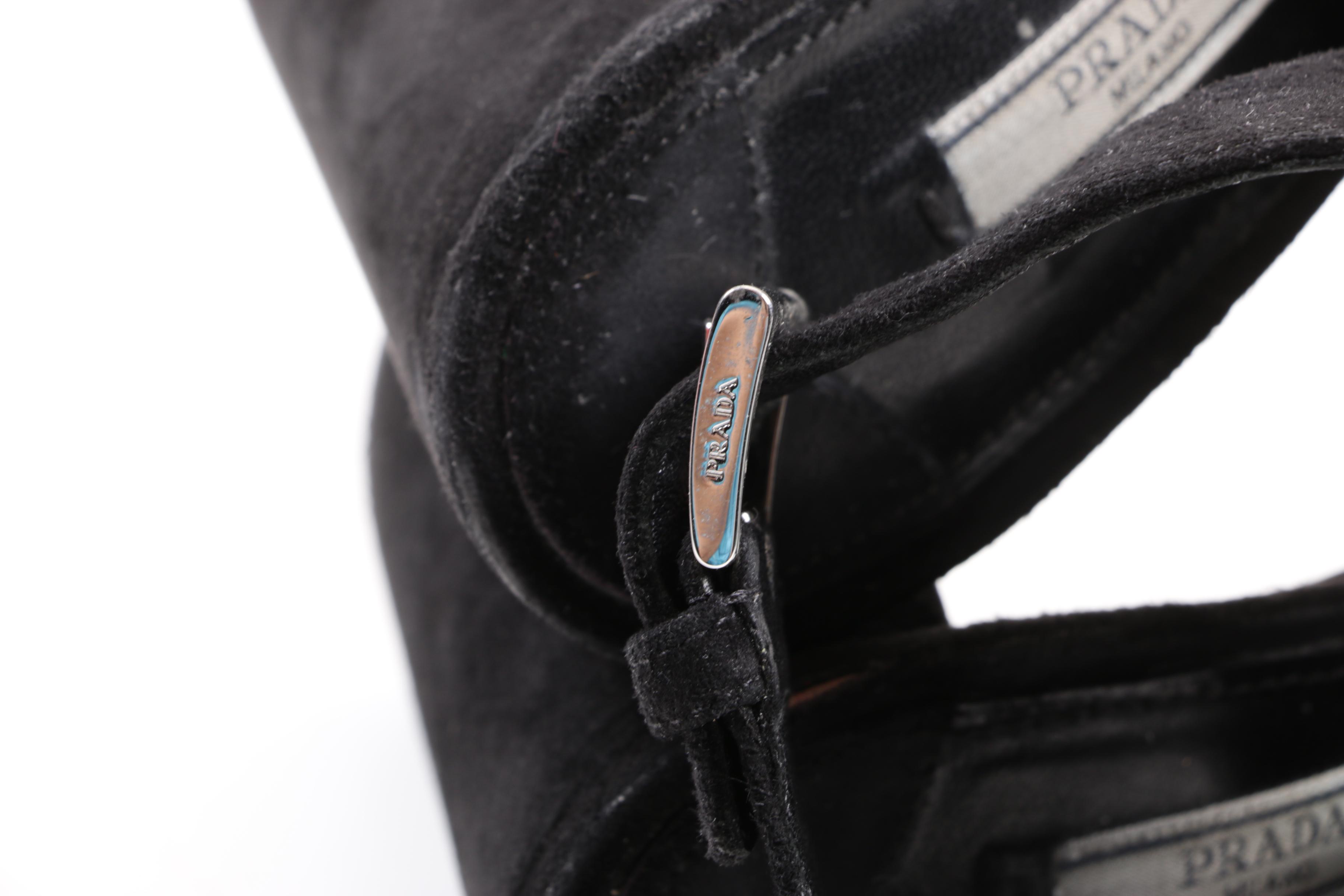 Prada Platform Strappy Heels and Platform T-Straps in Black Leather and Suede