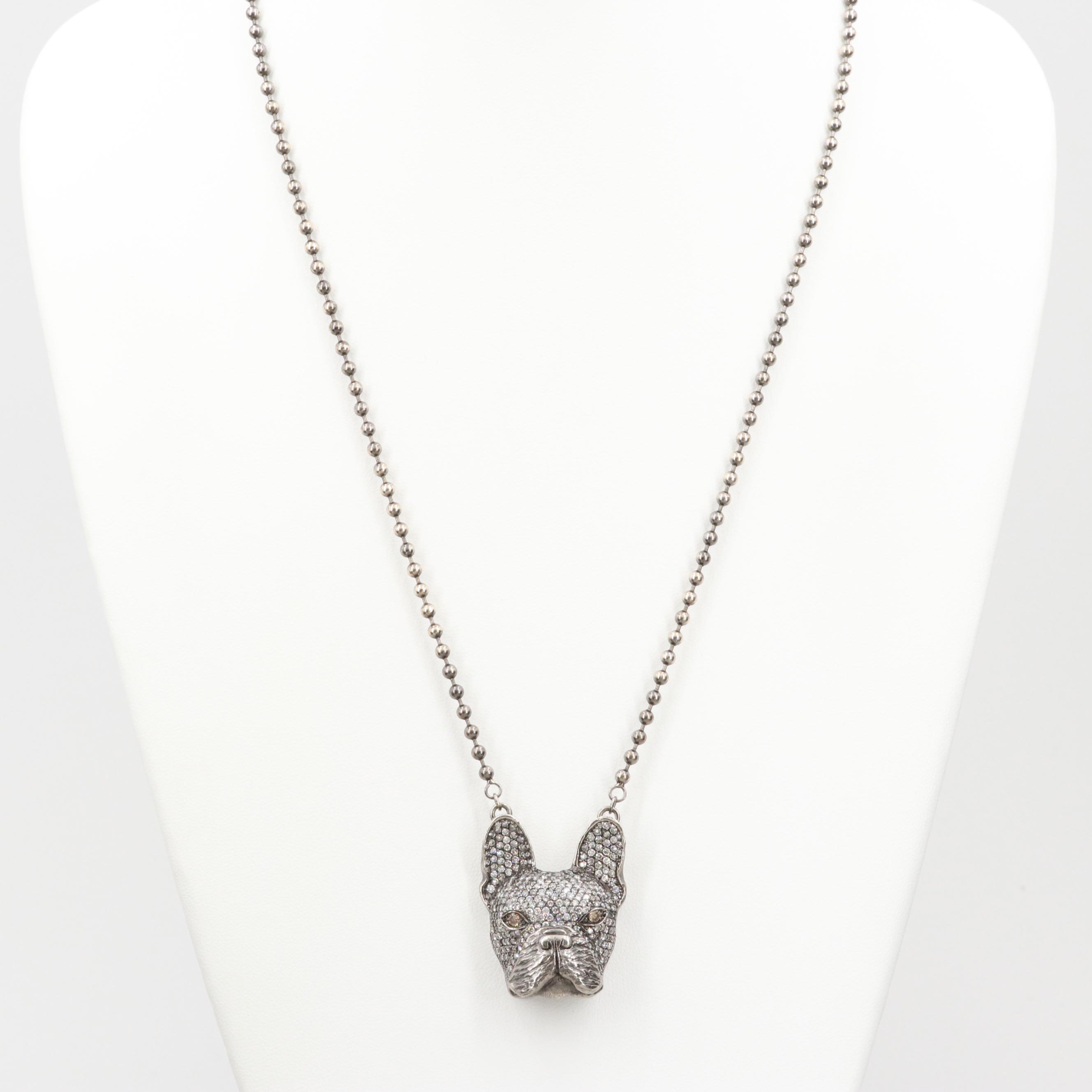 10K White Gold 4.55 CTW Diamond French Bulldog on 14K White Gold Bead Chain