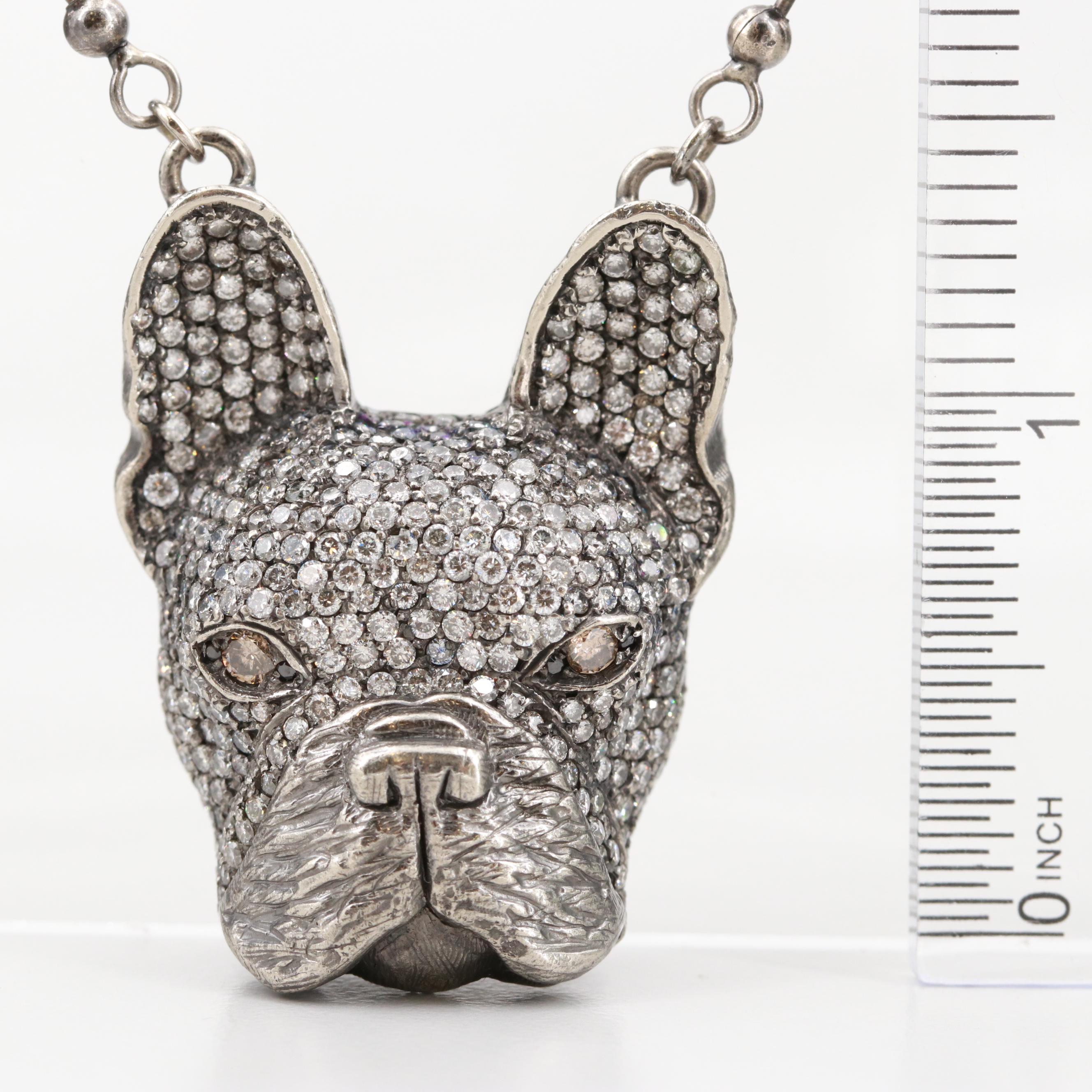 10K White Gold 4.55 CTW Diamond French Bulldog on 14K White Gold Bead Chain