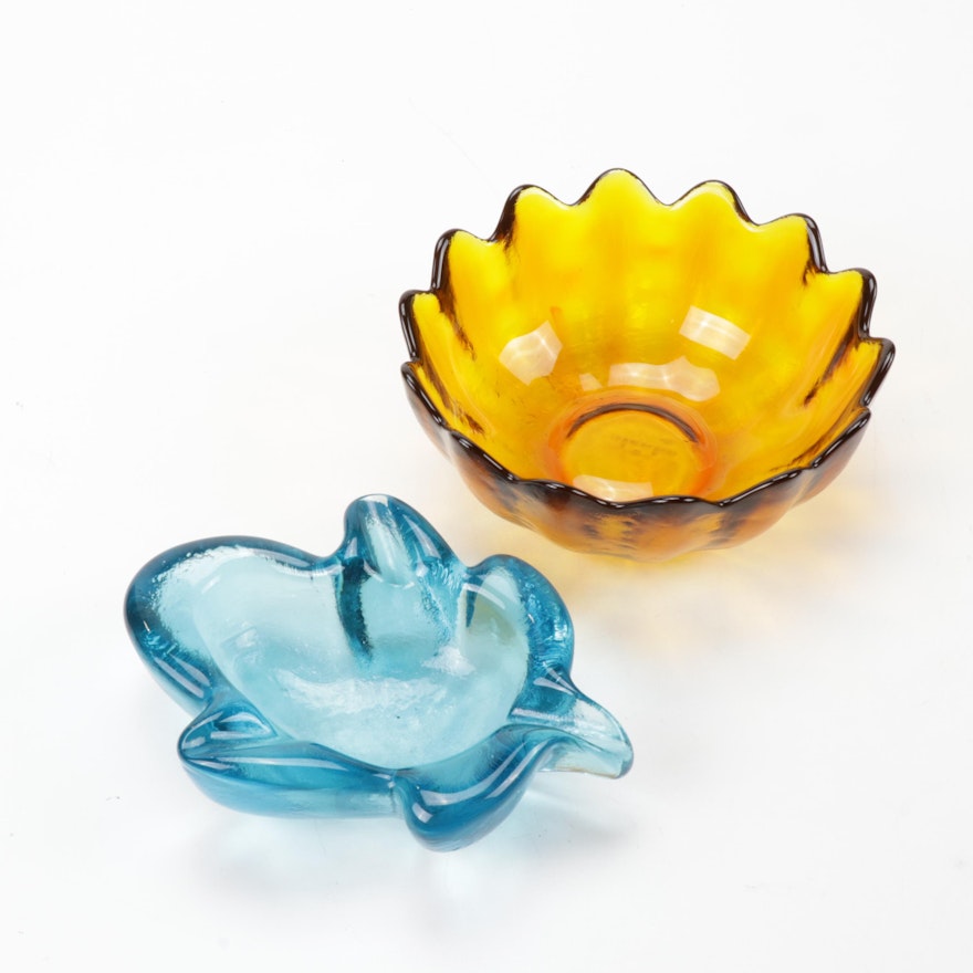 Blenko Art Glass Bowl and Leaf Ashtray, Mid-Century