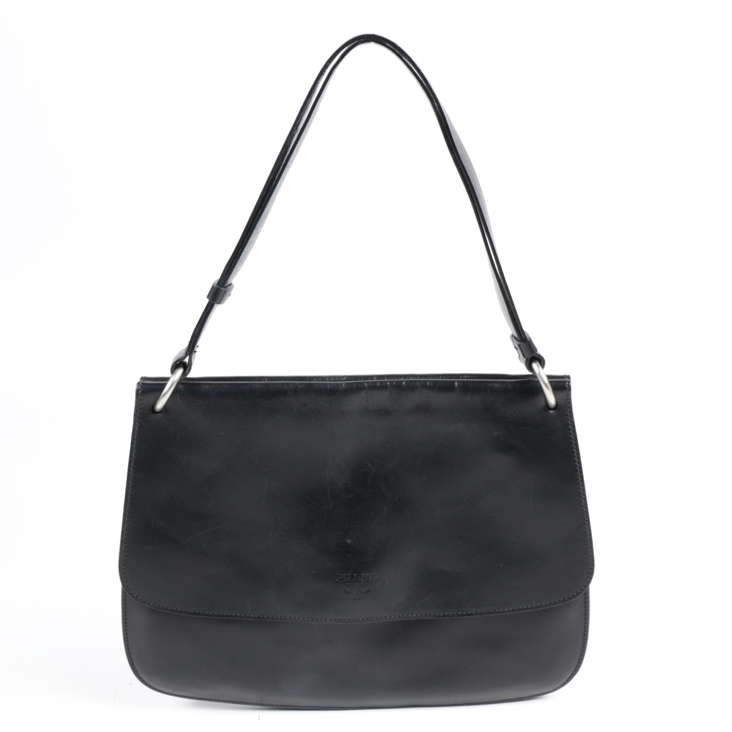 Prada Black Leather Flap Front Shoulder Bag