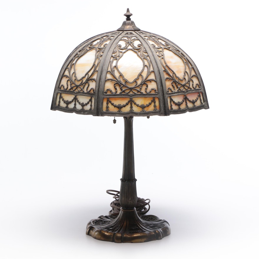 Miller Art Nouveau Cast Bronze Lamp with Overlay Slag Glass Shade, Antique