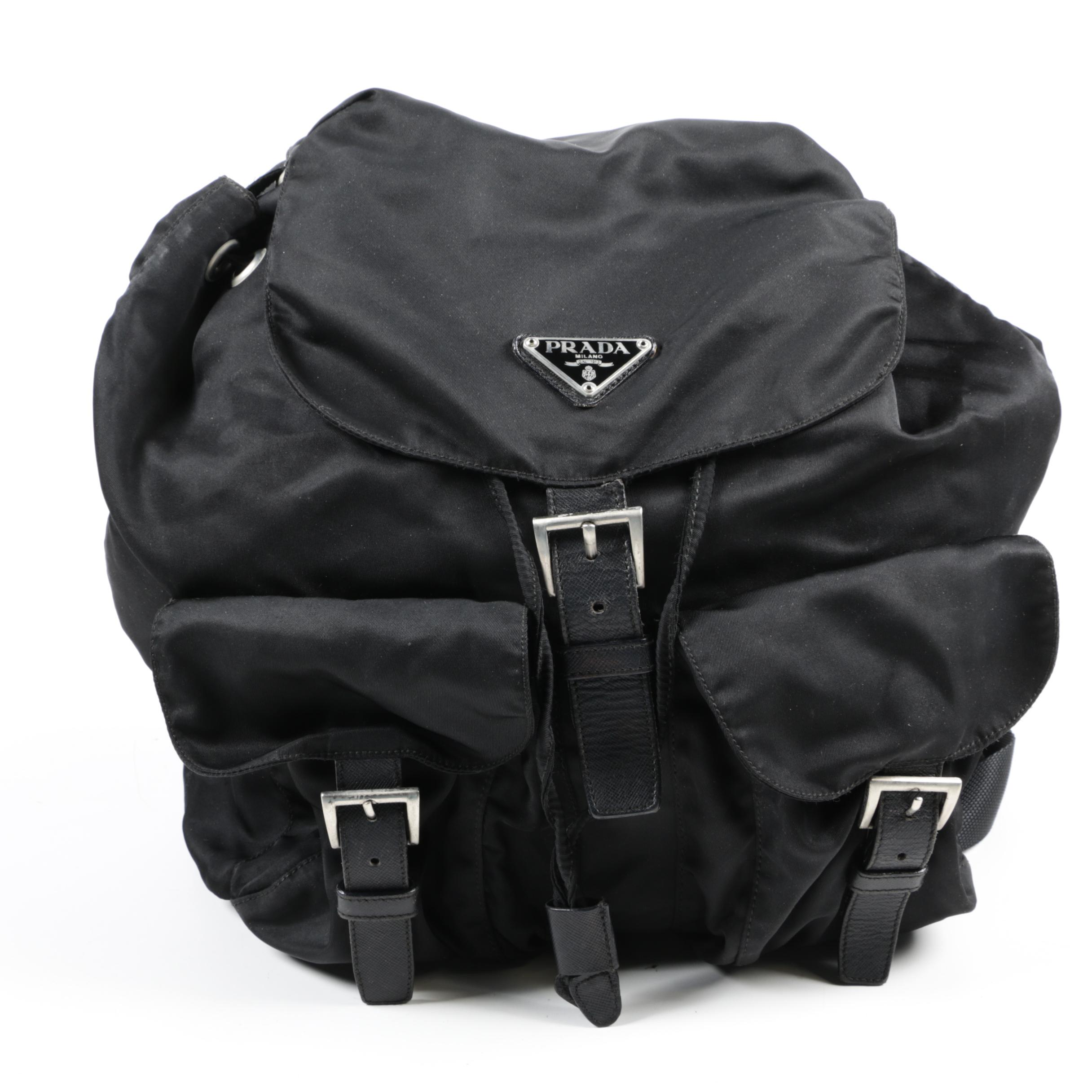 Prada Black Nylon and Saffiano Leather Backpack Purse