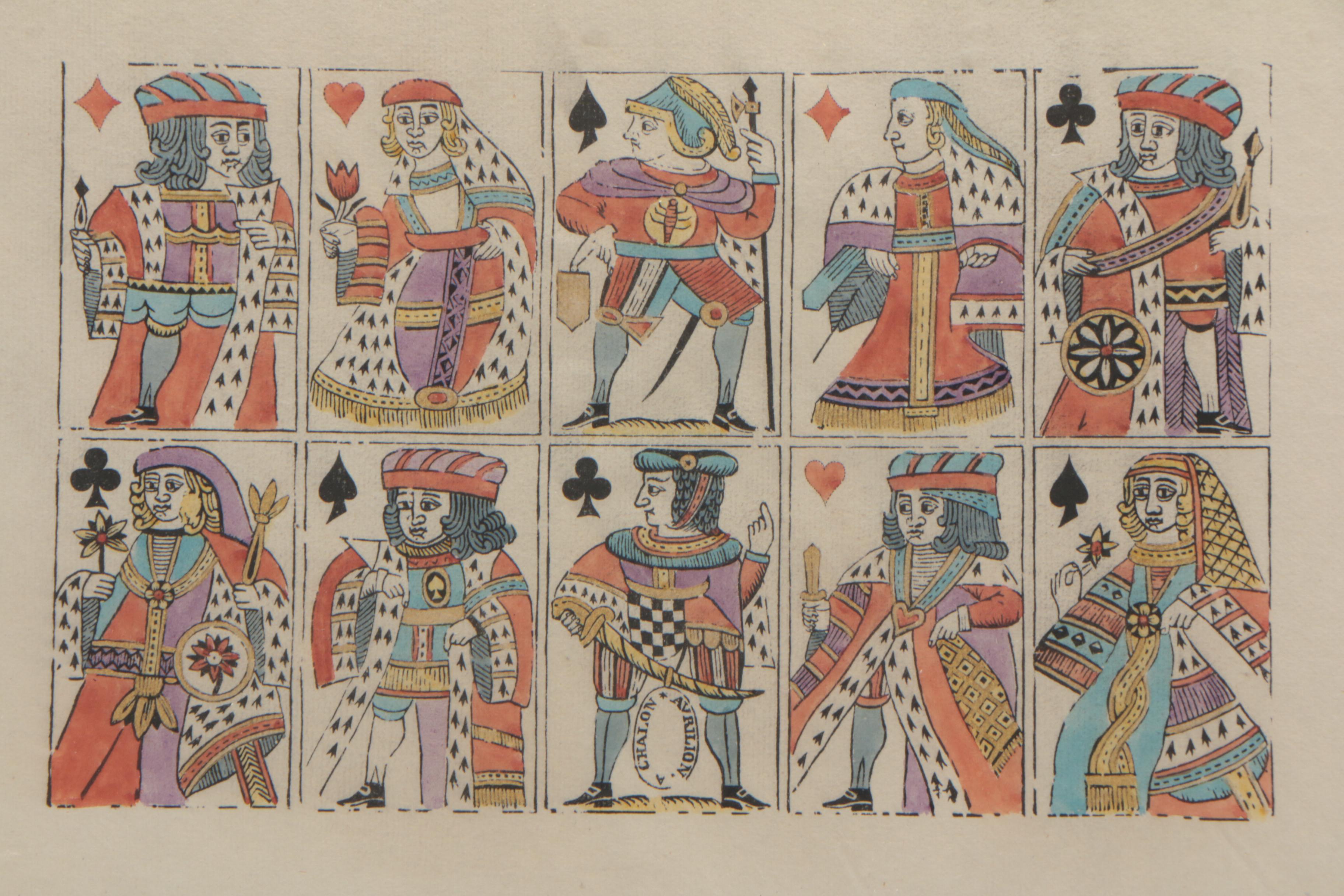 Late 18th Century Sheet of Hand-colored French Playing Cards