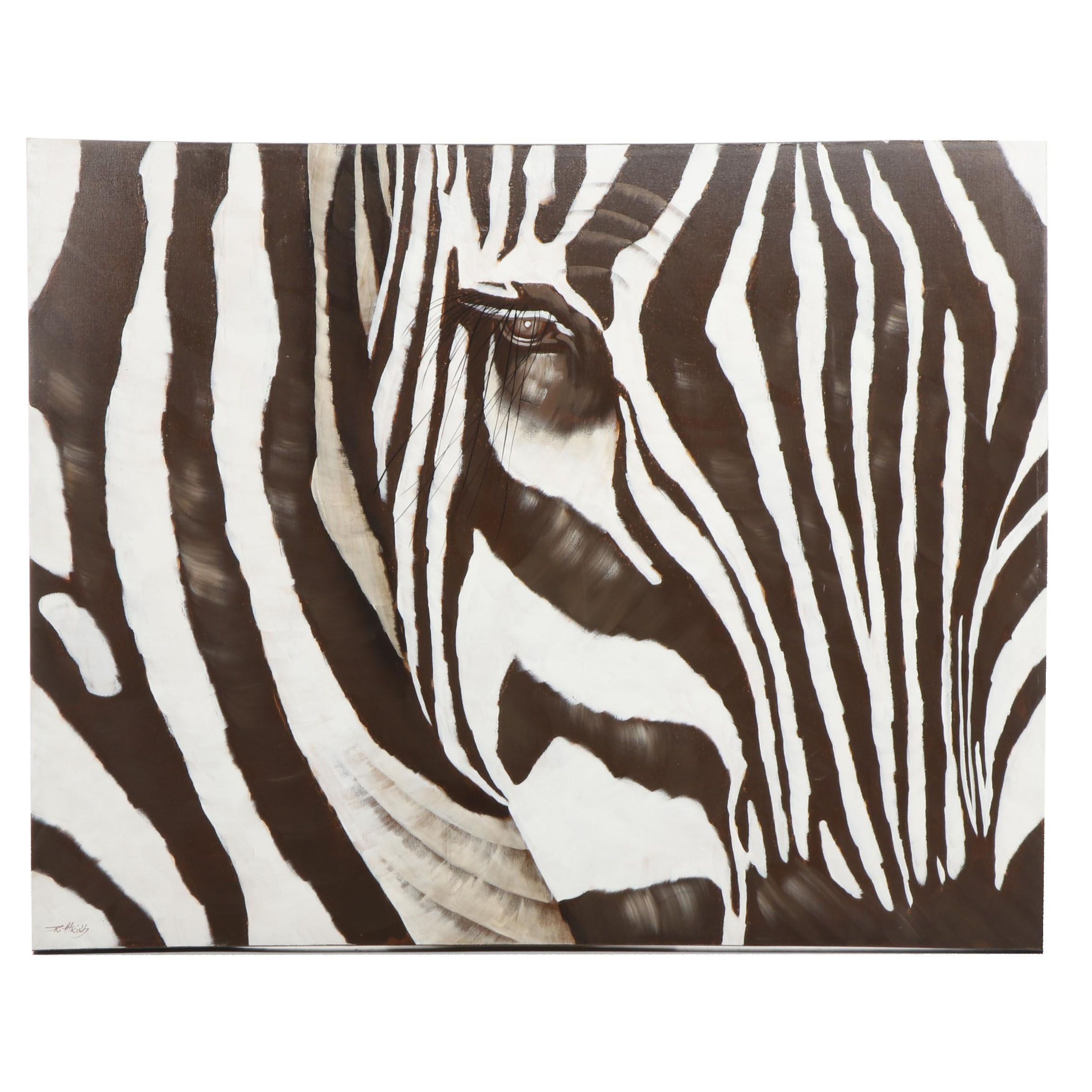 R. Atkins Large Scale Zebra Oil Painting