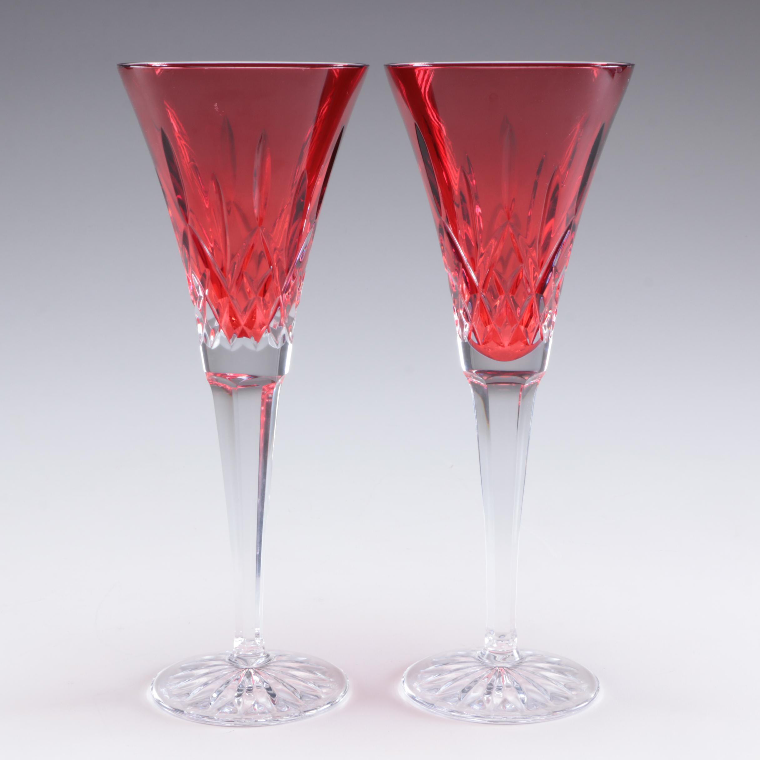 Waterford Crystal "Lismore Crimson" Fluted Champagne Glass and Candle Holders