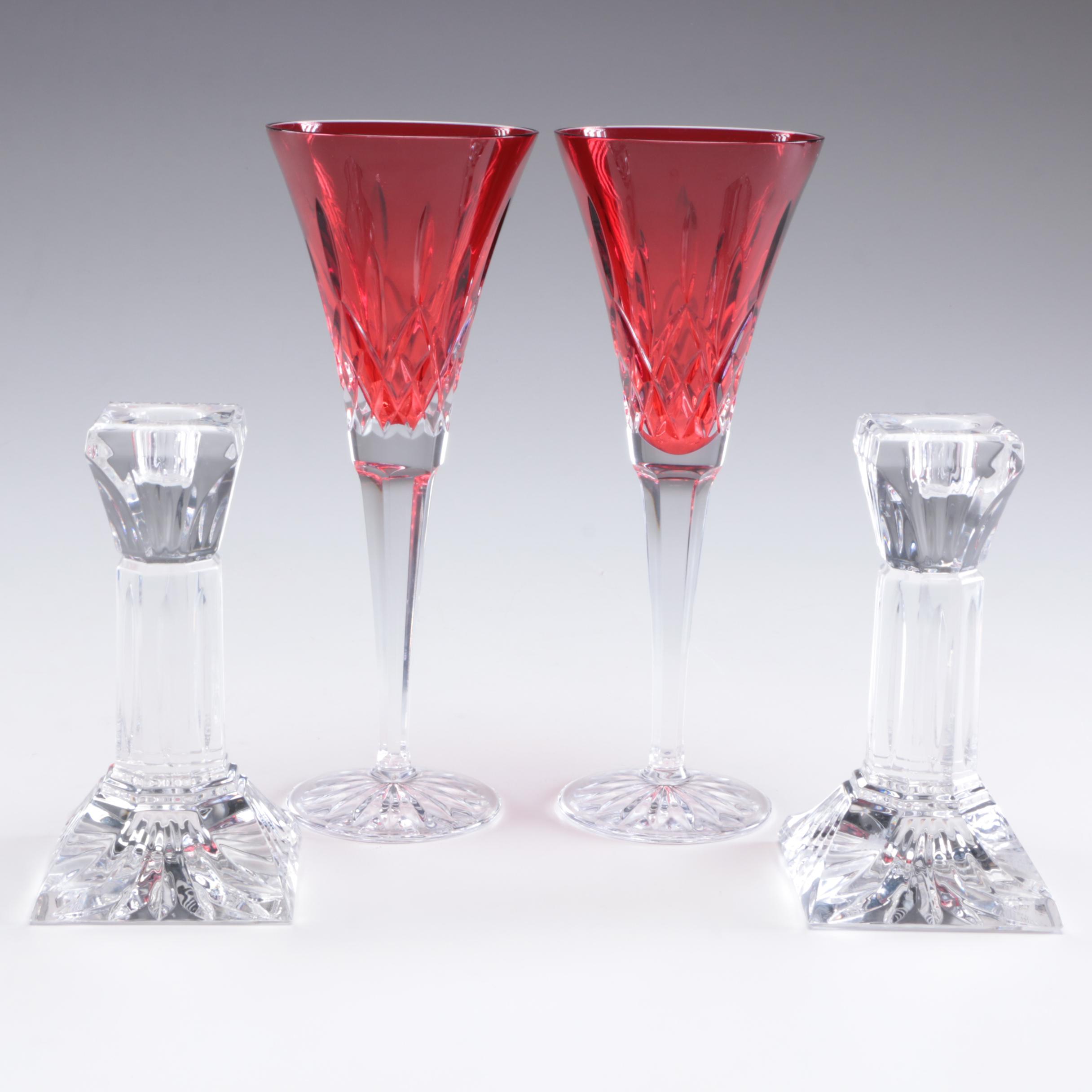 Waterford Crystal "Lismore Crimson" Fluted Champagne Glass and Candle Holders