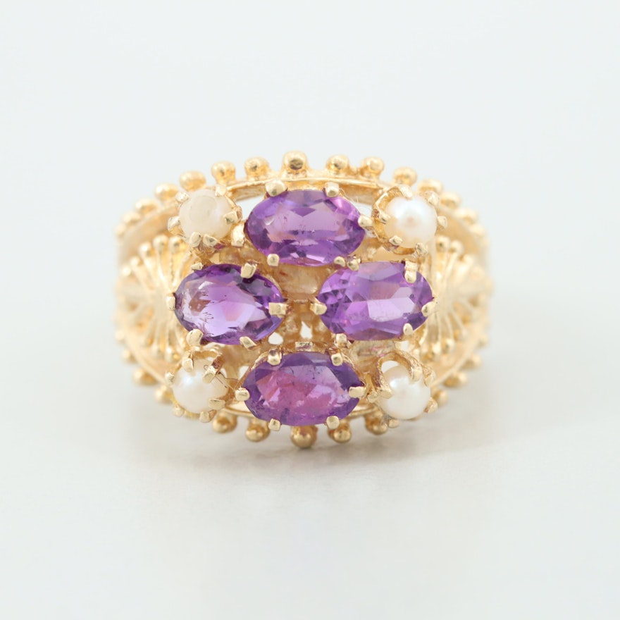 14K Yellow Gold Cultured Pearl and Amethyst Open Work Design Ring