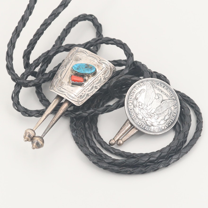 Southwestern Style Sterling Silver Morgan Dollar, Coral and Turquoise Bolo Ties