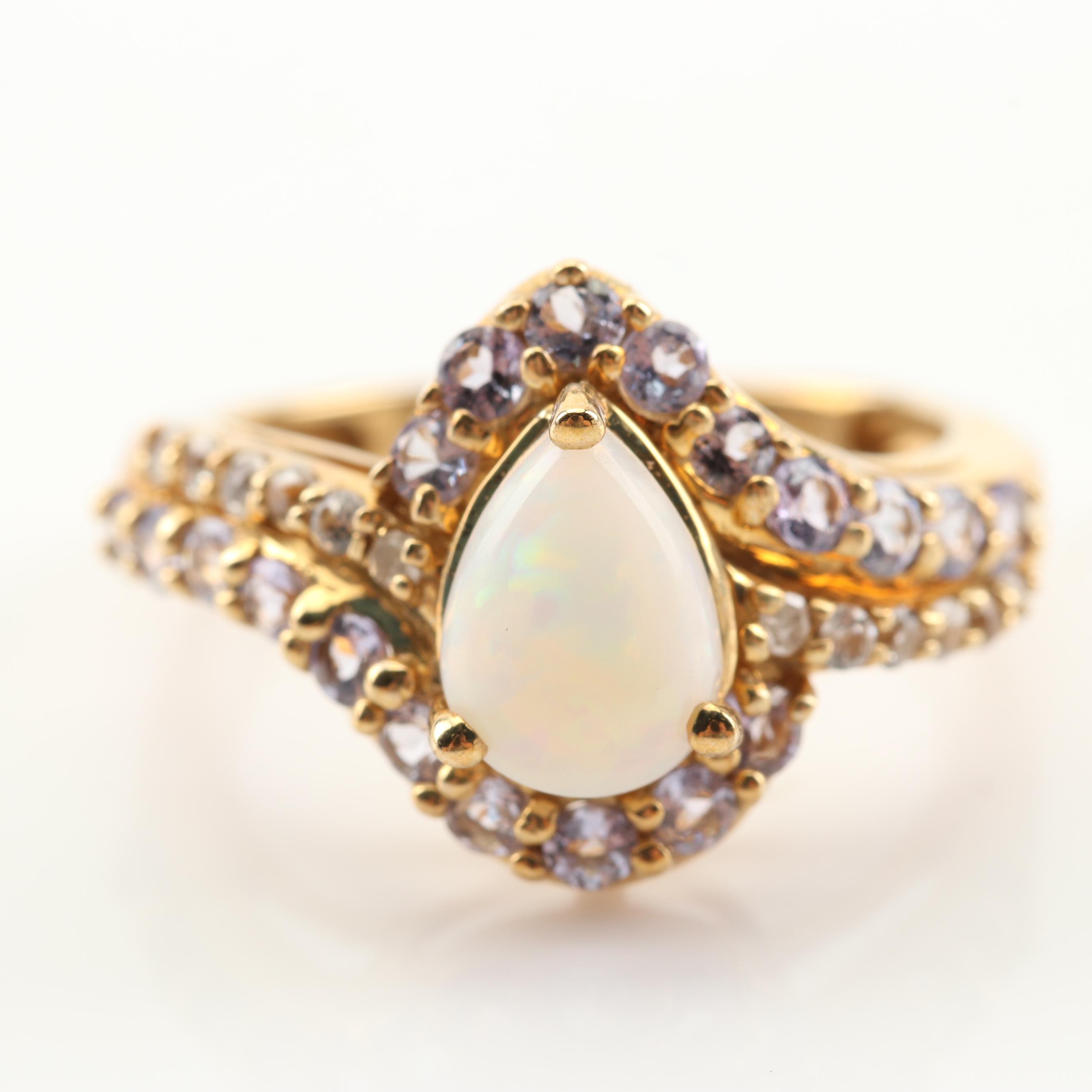 10K Yellow Gold Opal, Tanzanite, Diamond and White Sapphire Ring