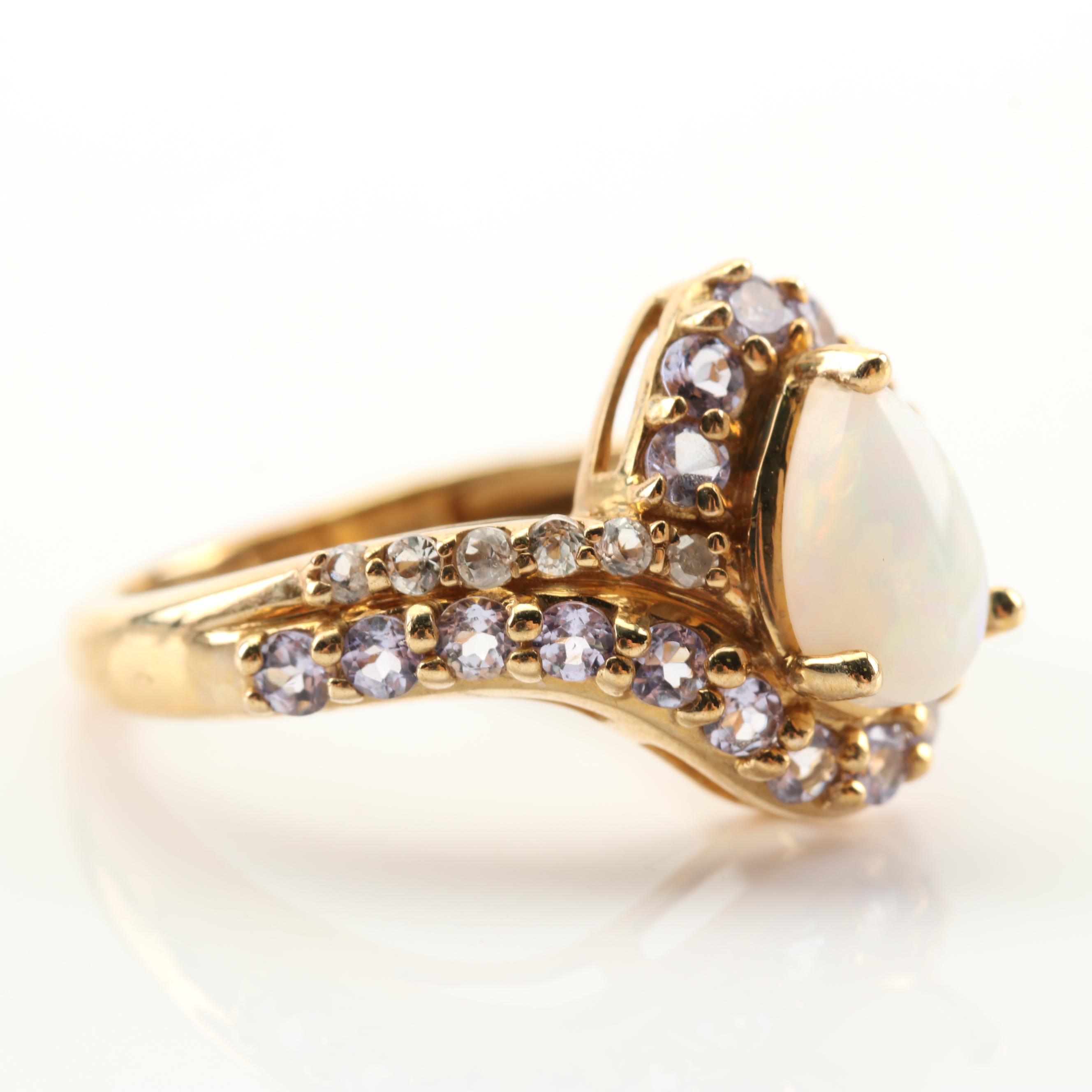 10K Yellow Gold Opal, Tanzanite, Diamond and White Sapphire Ring