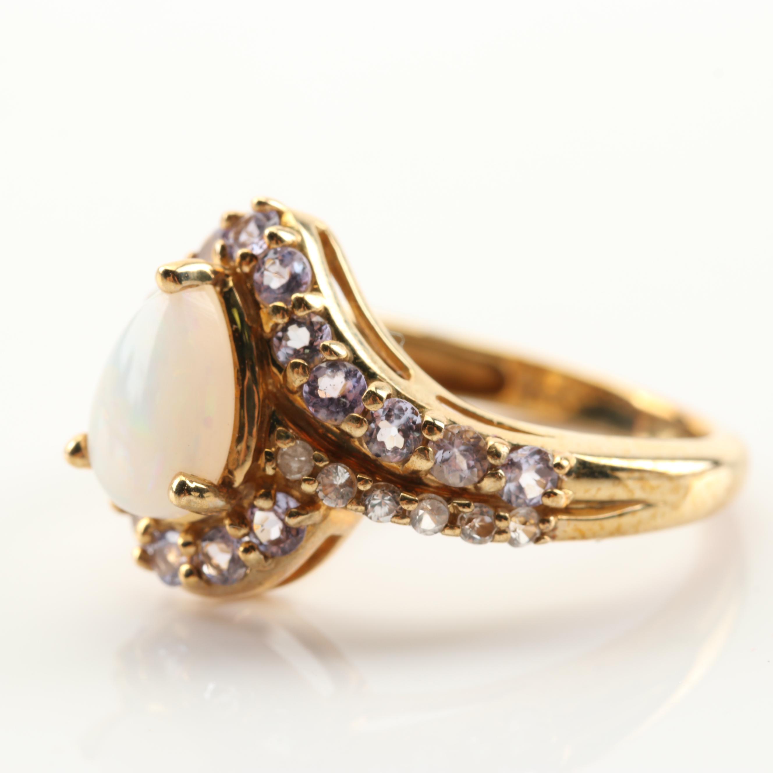 10K Yellow Gold Opal, Tanzanite, Diamond and White Sapphire Ring