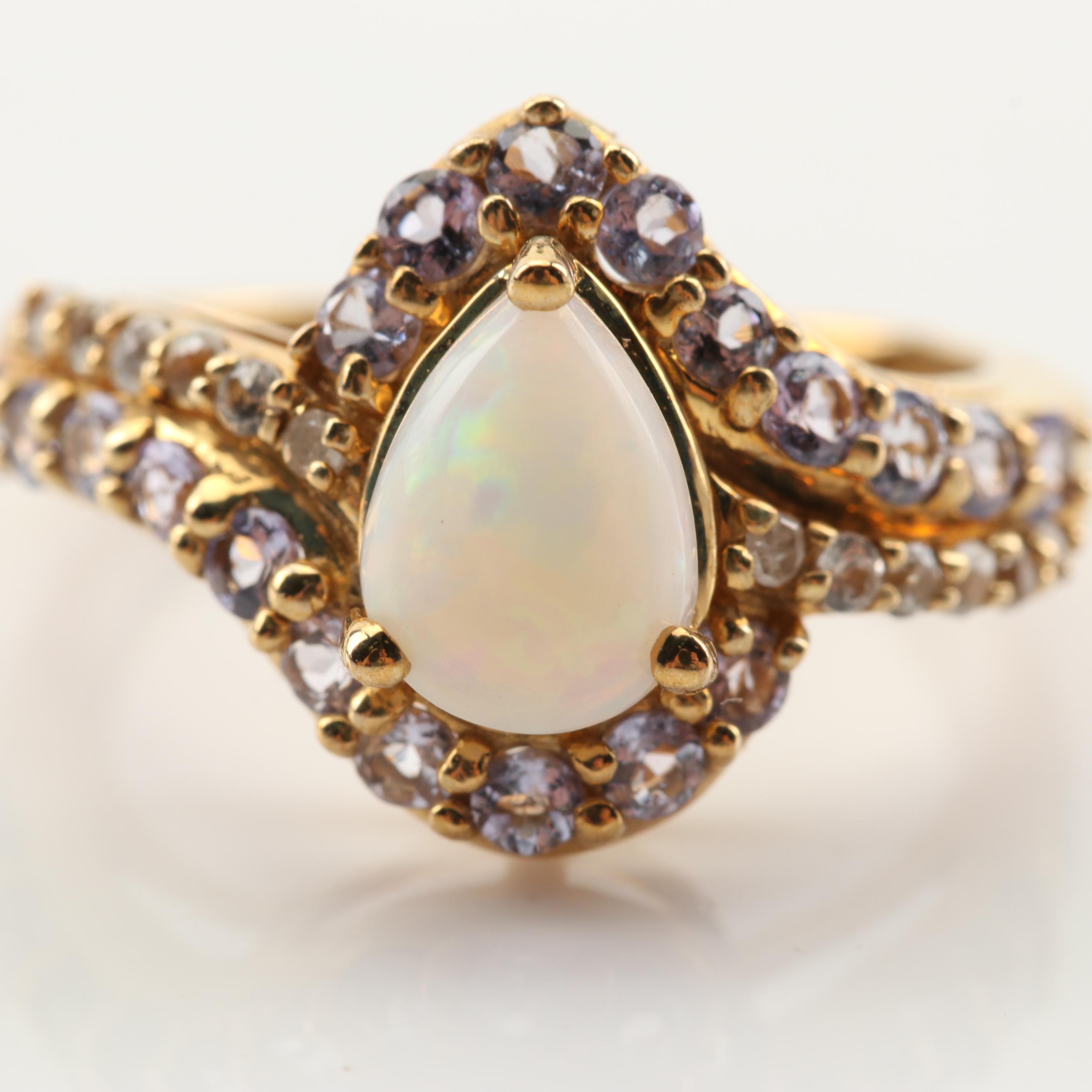 10K Yellow Gold Opal, Tanzanite, Diamond and White Sapphire Ring