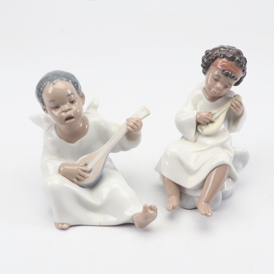 Lladró "An Angel's Tune" and "Angel with Mandolin" Porcelain Figurines