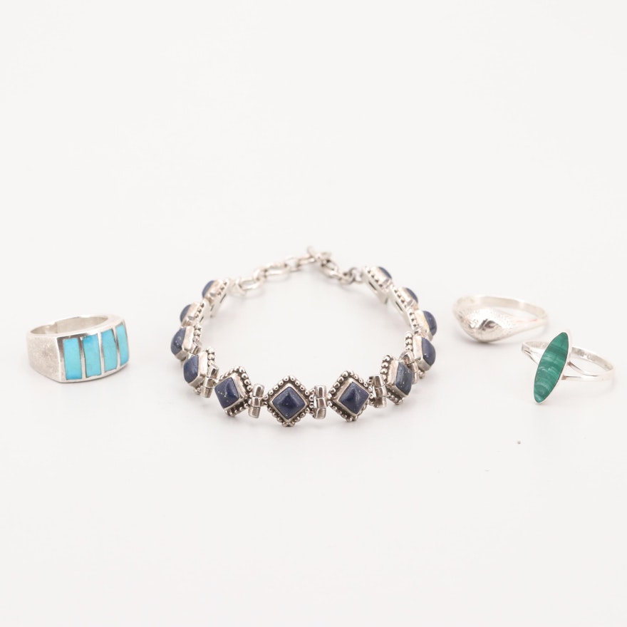 Sterling Silver Lapis Lazuli Bracelet and Rings with Malachite and Turquoise