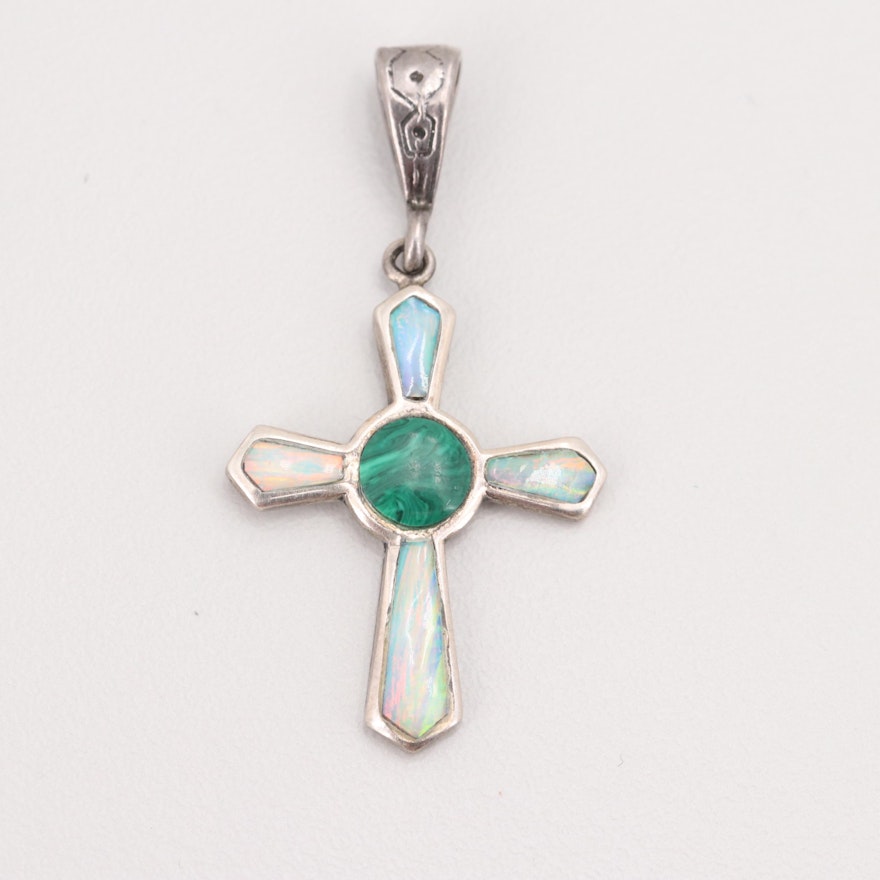 Sterling Silver Malachite and Opal Cross Pendant