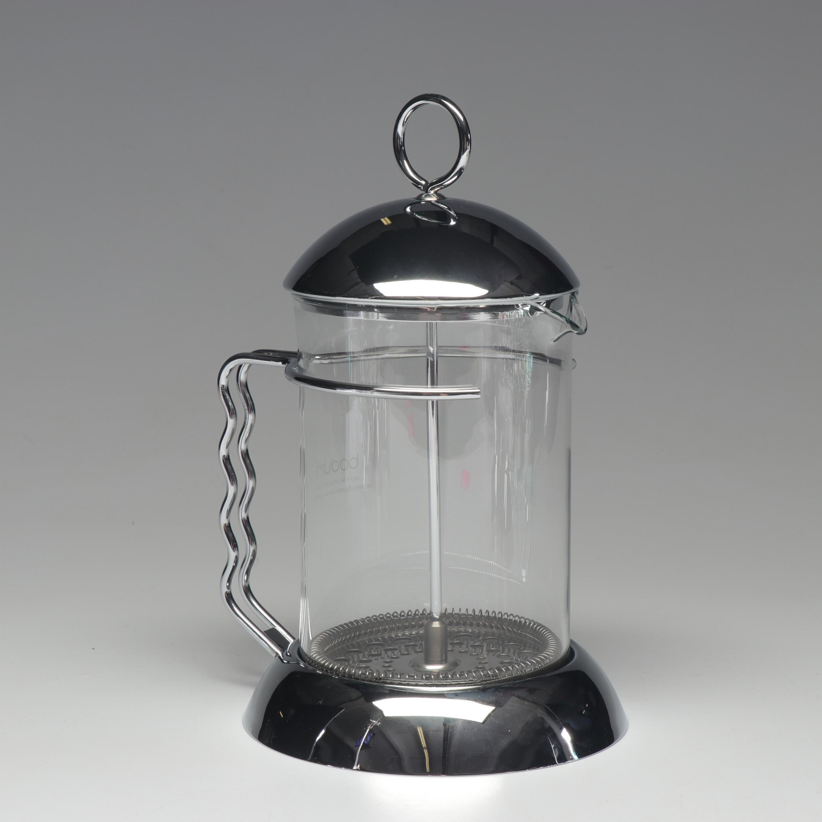 Bodum Modern Tea Glasses and Pot with Alessi Creamer and Sugar Bowl, 1980s