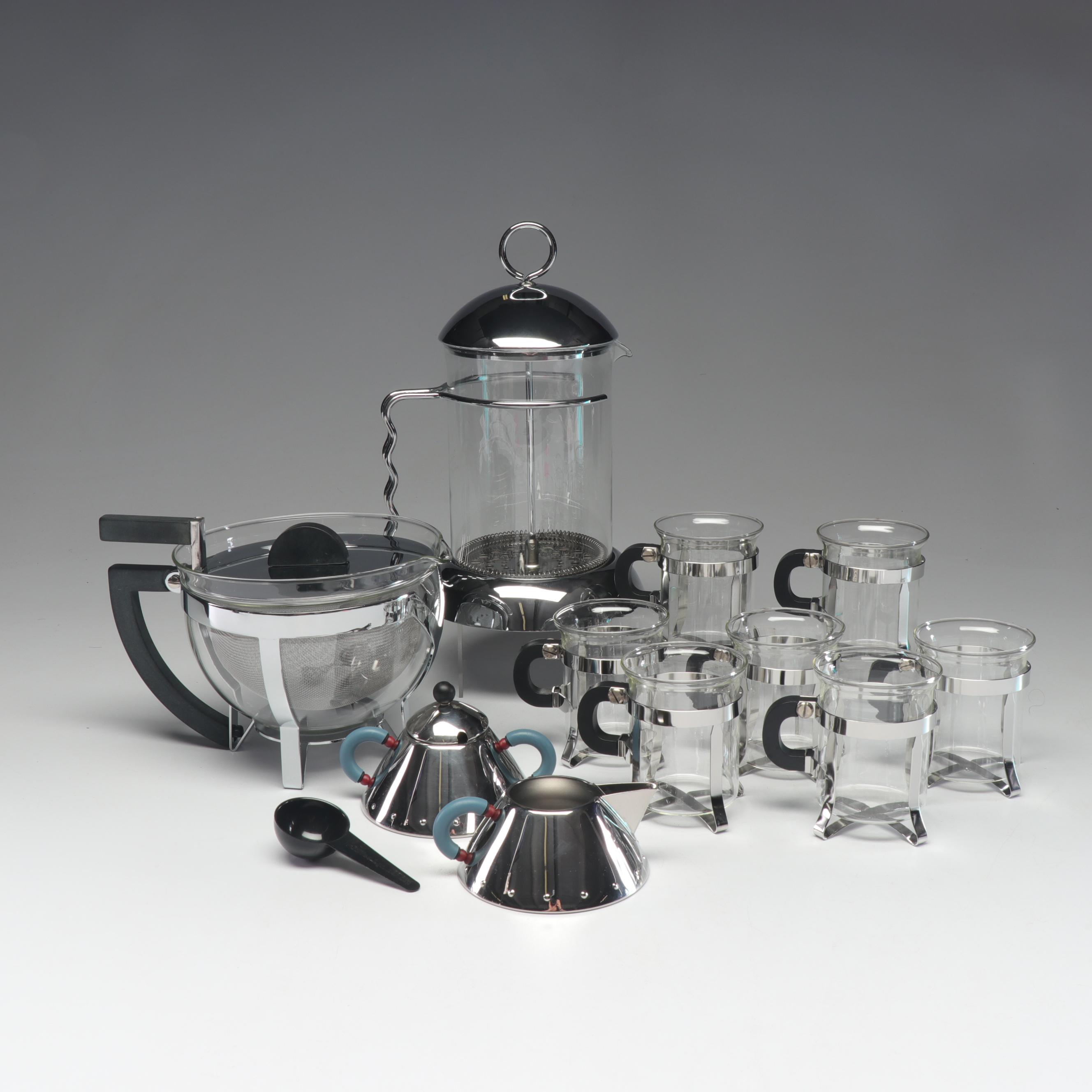 Bodum Modern Tea Glasses and Pot with Alessi Creamer and Sugar Bowl, 1980s