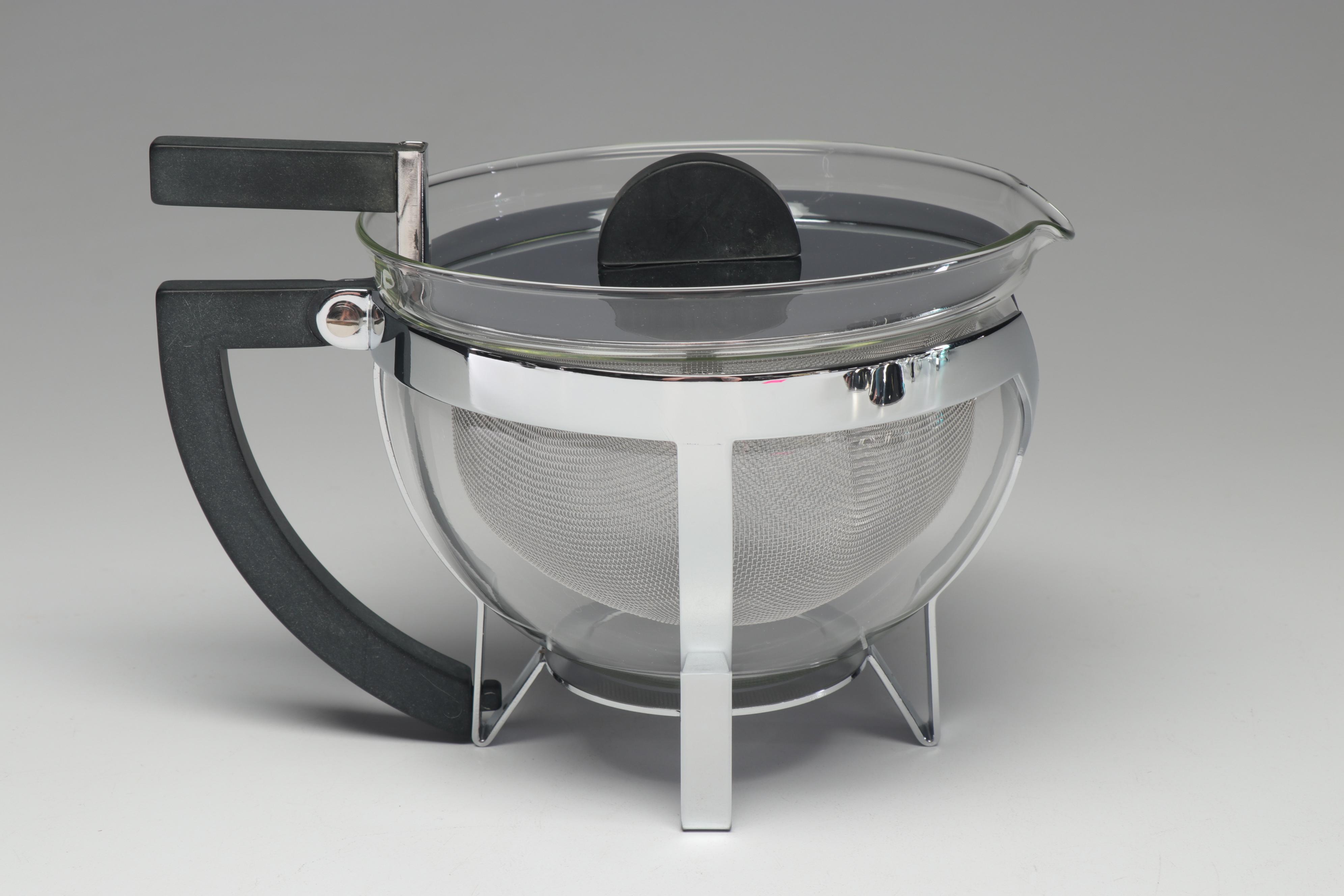 Bodum Modern Tea Glasses and Pot with Alessi Creamer and Sugar Bowl, 1980s