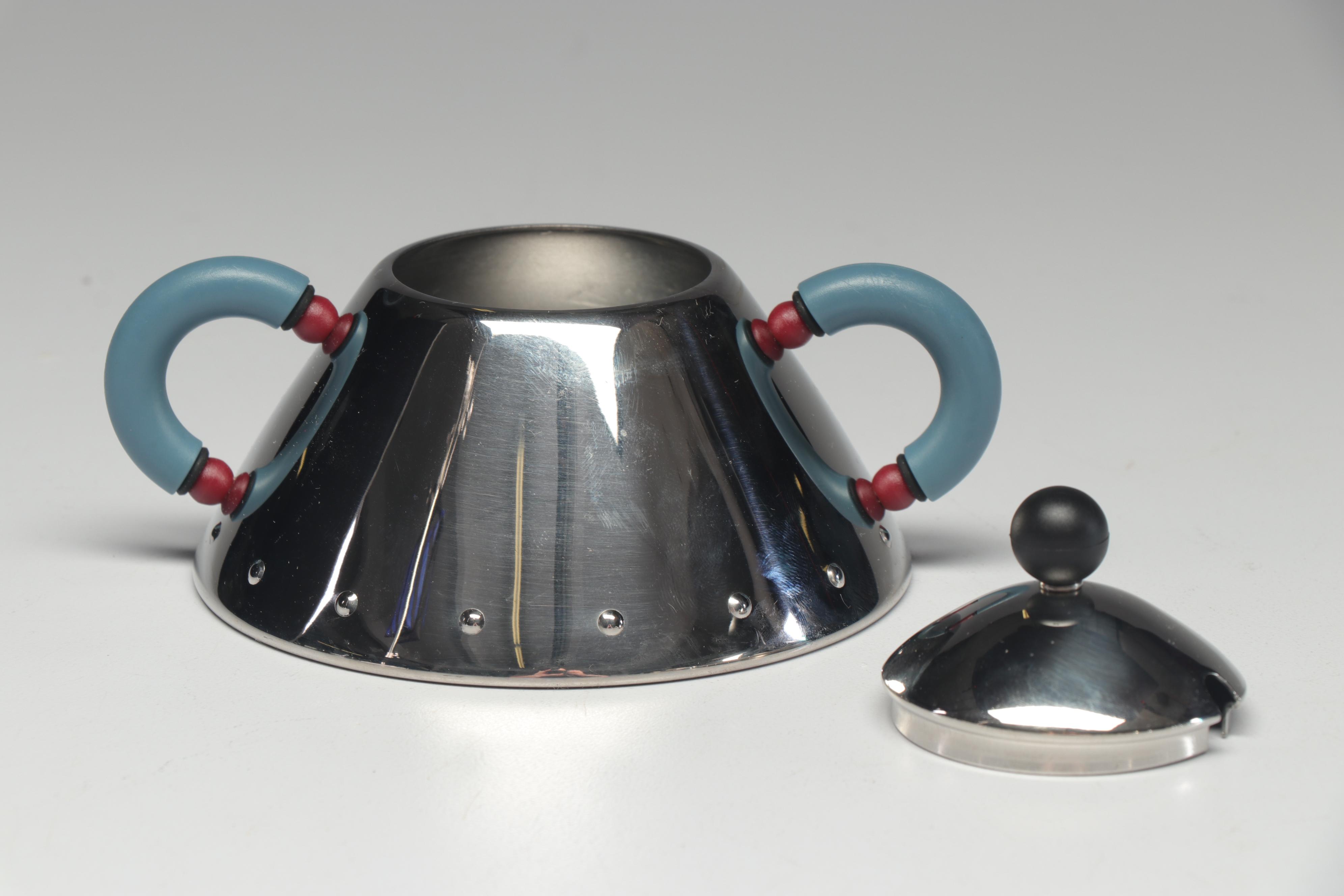 Bodum Modern Tea Glasses and Pot with Alessi Creamer and Sugar Bowl, 1980s
