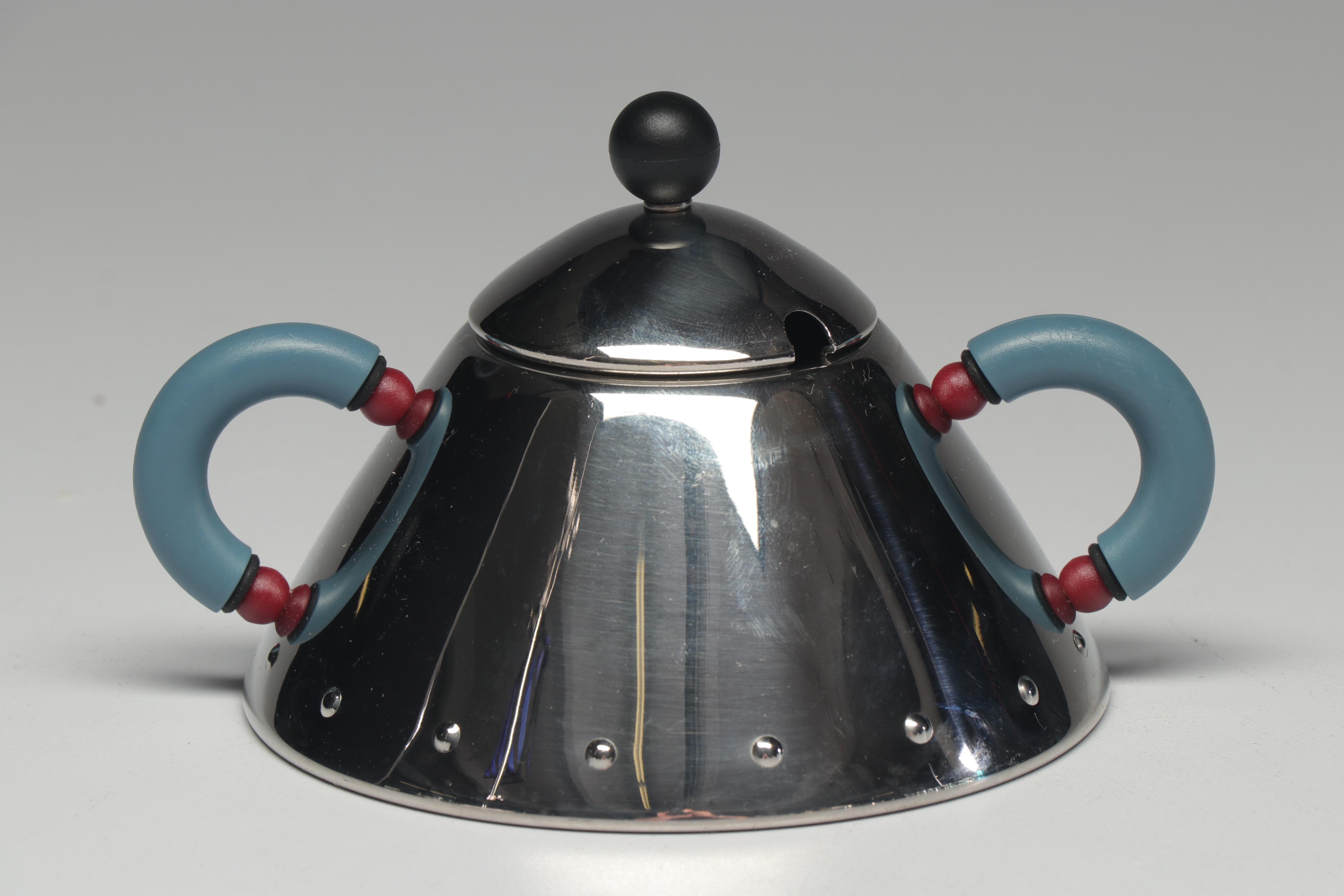 Bodum Modern Tea Glasses and Pot with Alessi Creamer and Sugar Bowl, 1980s