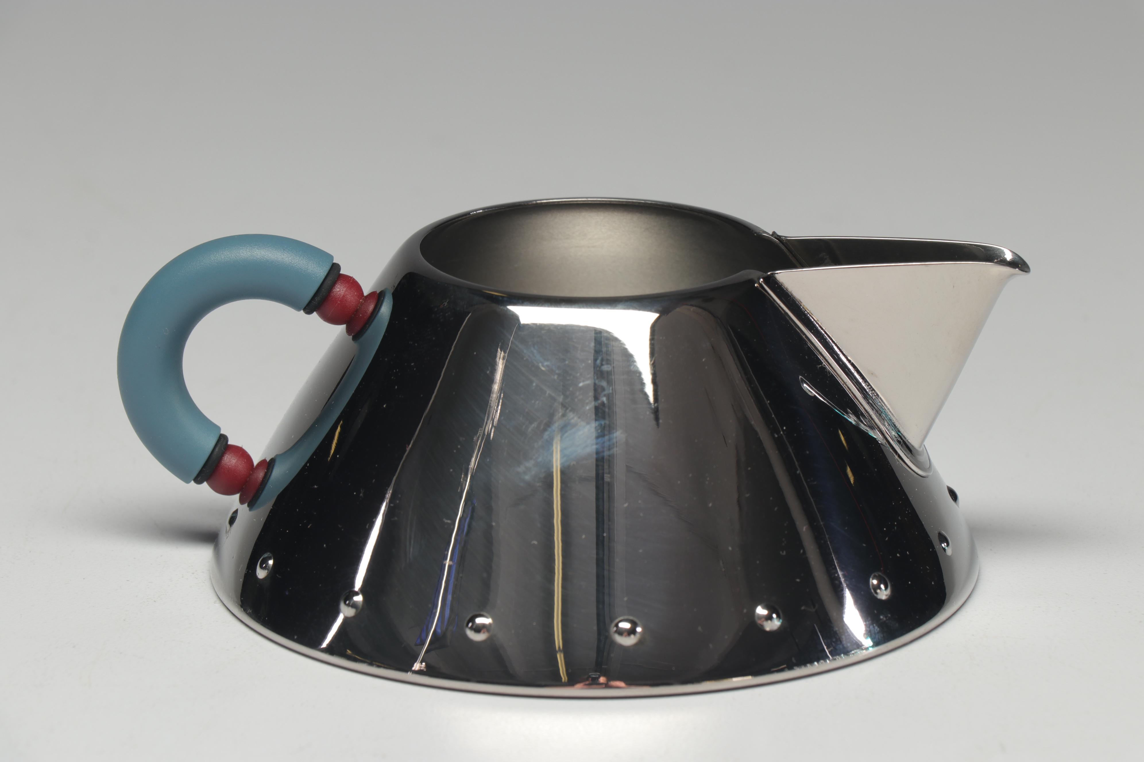 Bodum Modern Tea Glasses and Pot with Alessi Creamer and Sugar Bowl, 1980s