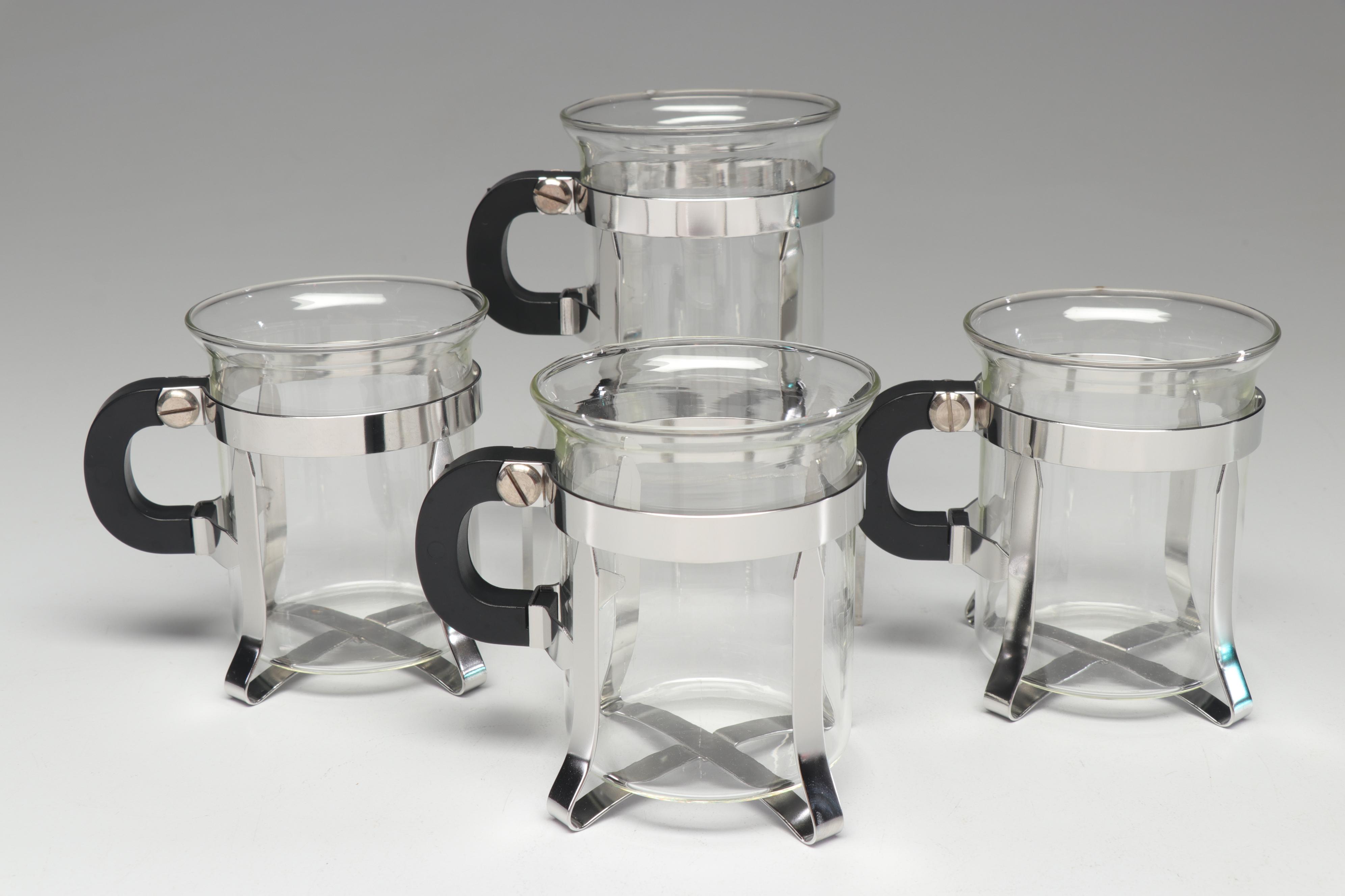 Bodum Modern Tea Glasses and Pot with Alessi Creamer and Sugar Bowl, 1980s