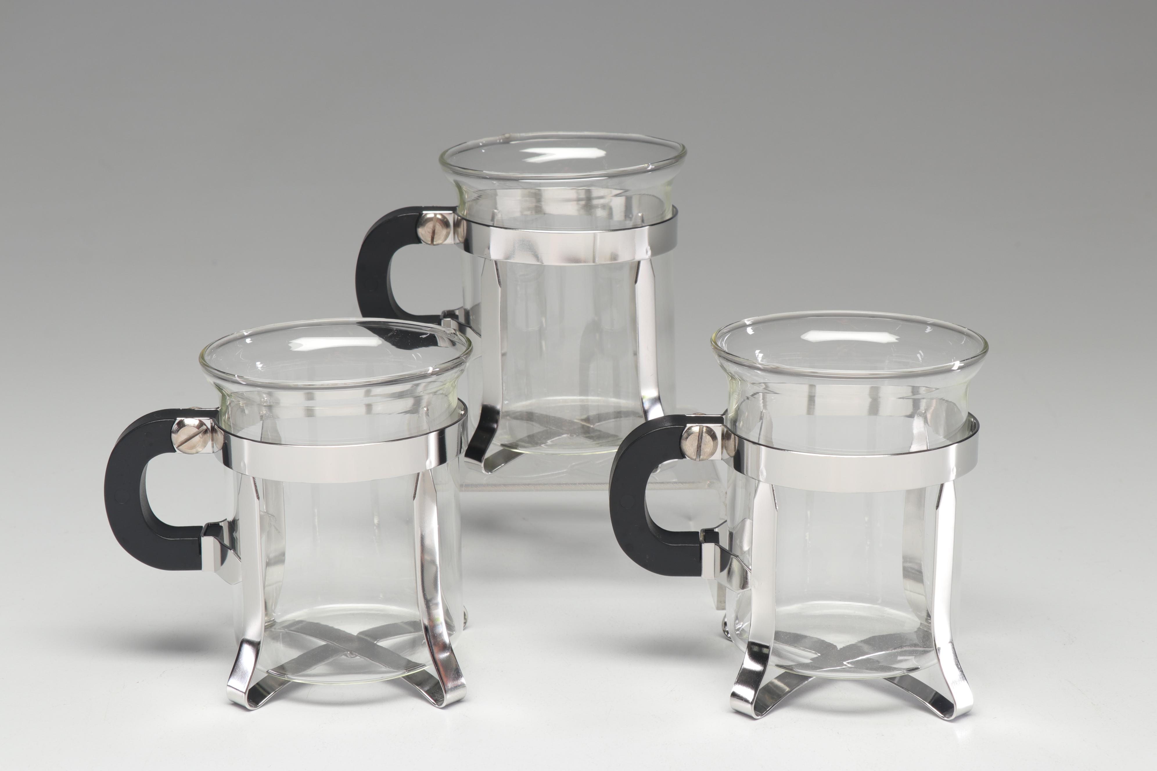 Bodum Modern Tea Glasses and Pot with Alessi Creamer and Sugar Bowl, 1980s