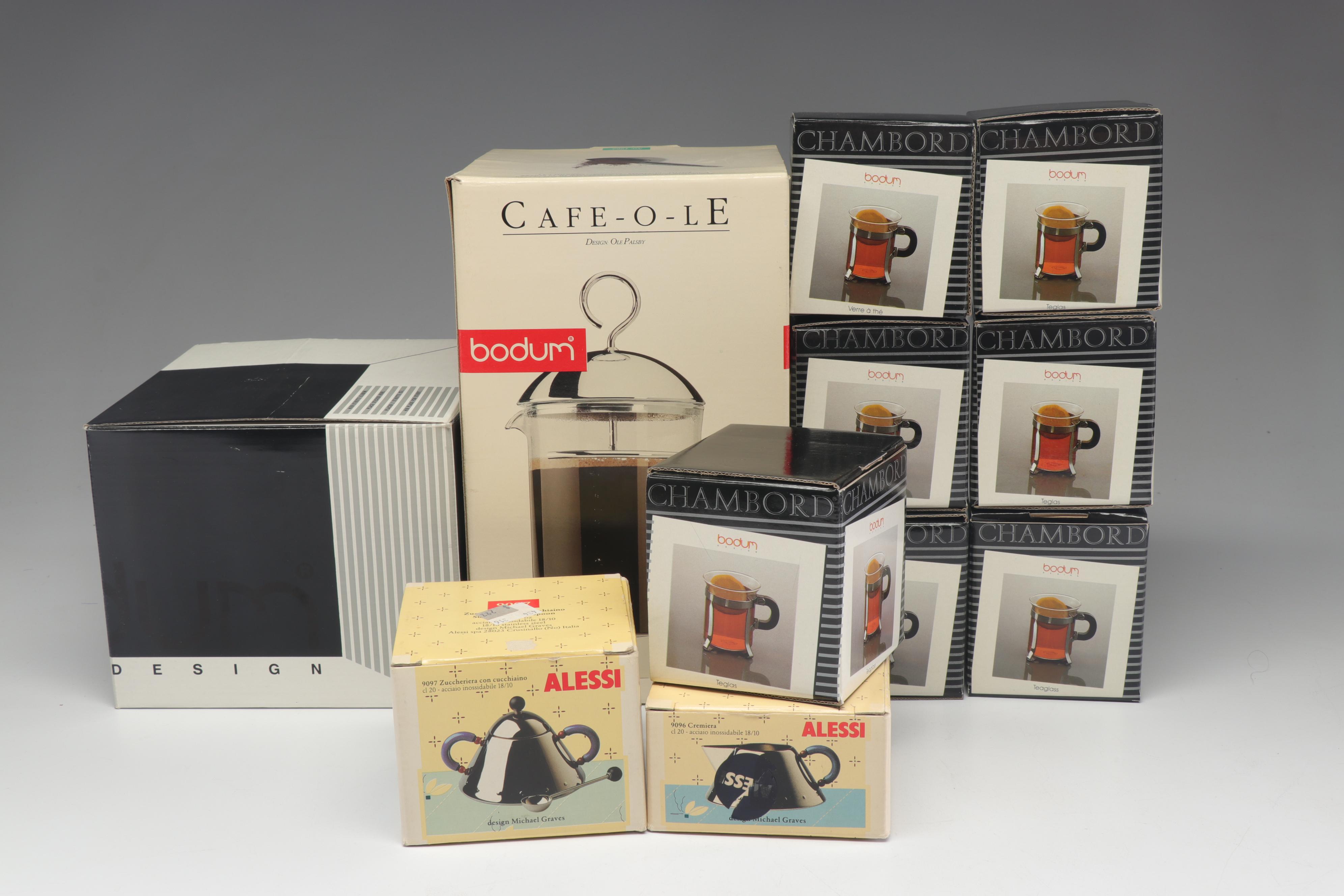 Bodum Modern Tea Glasses and Pot with Alessi Creamer and Sugar Bowl, 1980s