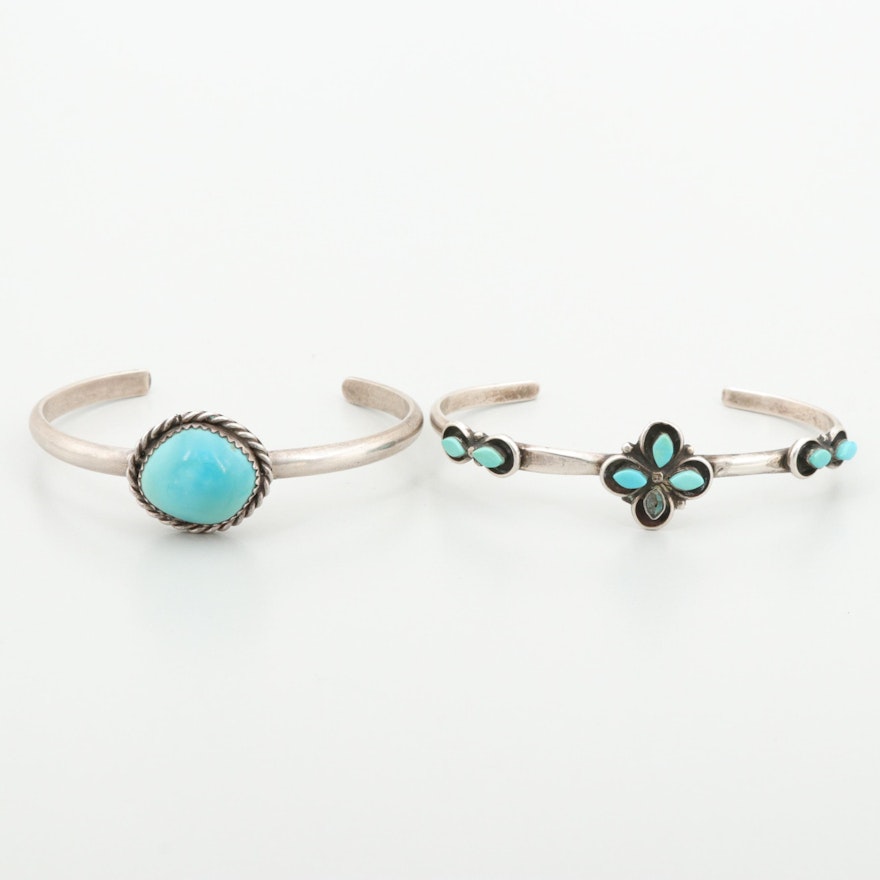 Southwestern Sterling Silver Two Turquoise Cuff Bracelets