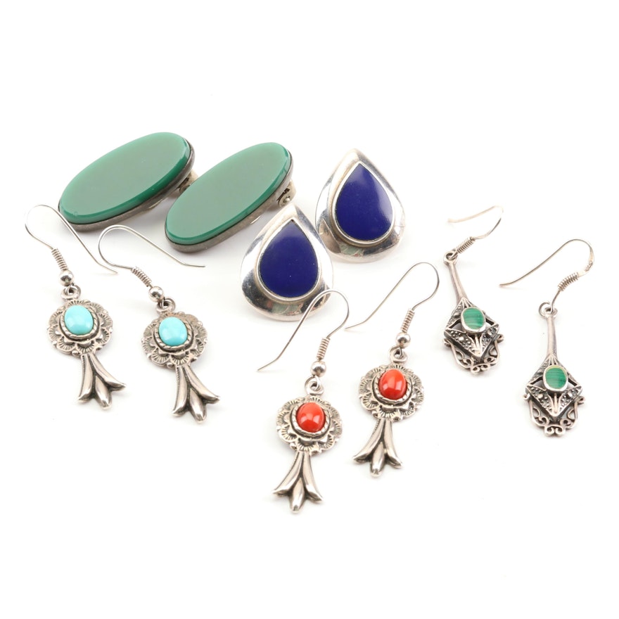 Assorted Sterling Silver Simulated Stone, Dyed Stone and Malachite Earrings