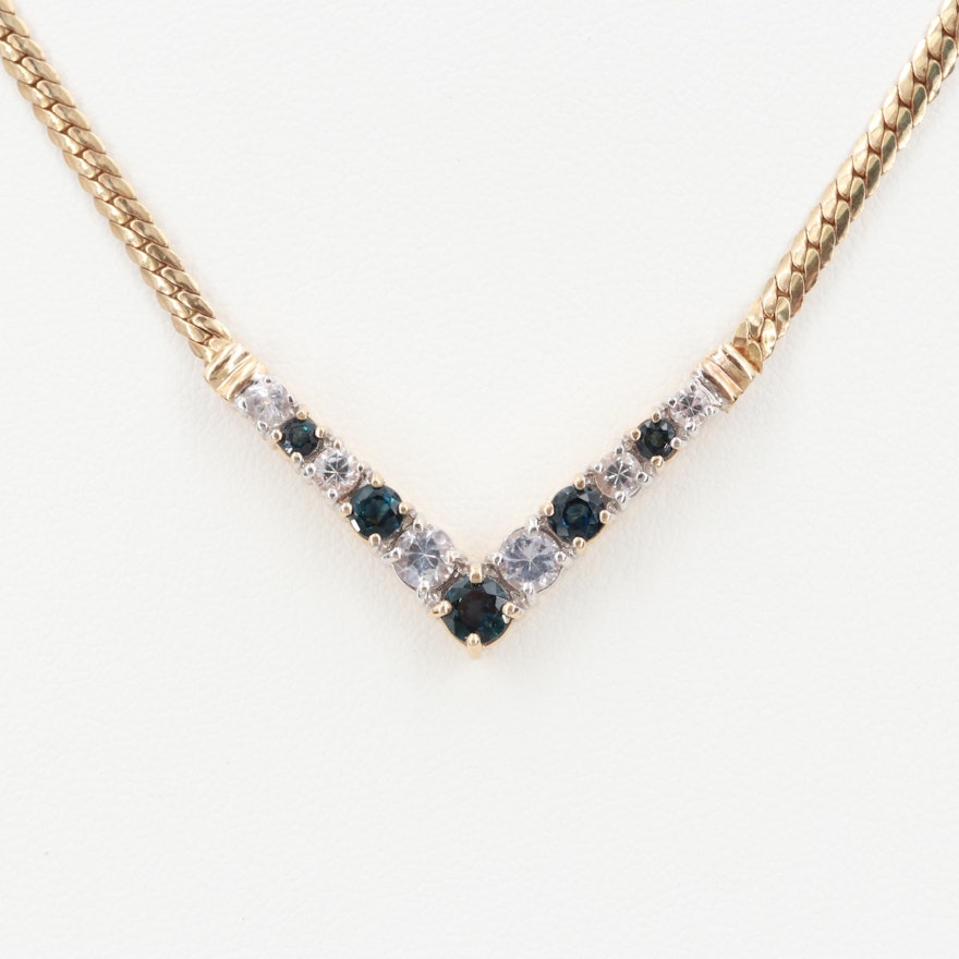 14K Yellow Gold Blue and White Sapphire Necklace