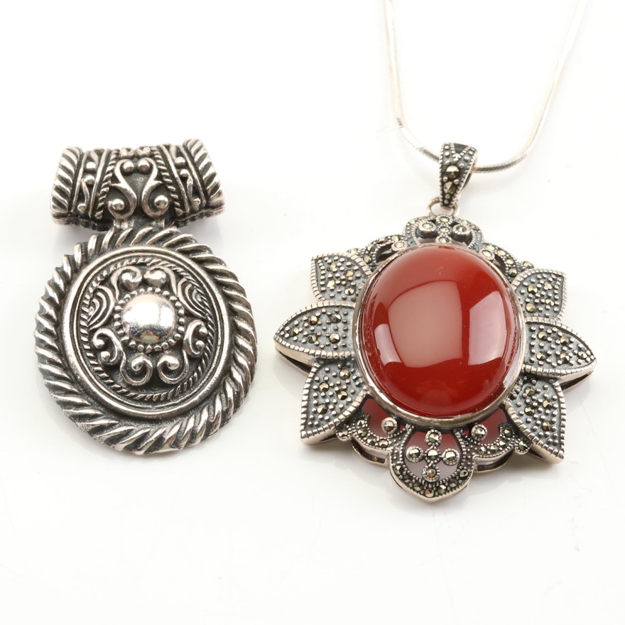 Sterling Silver Carnelian and Marcacite Flower and Scrollwork Slide Pendants