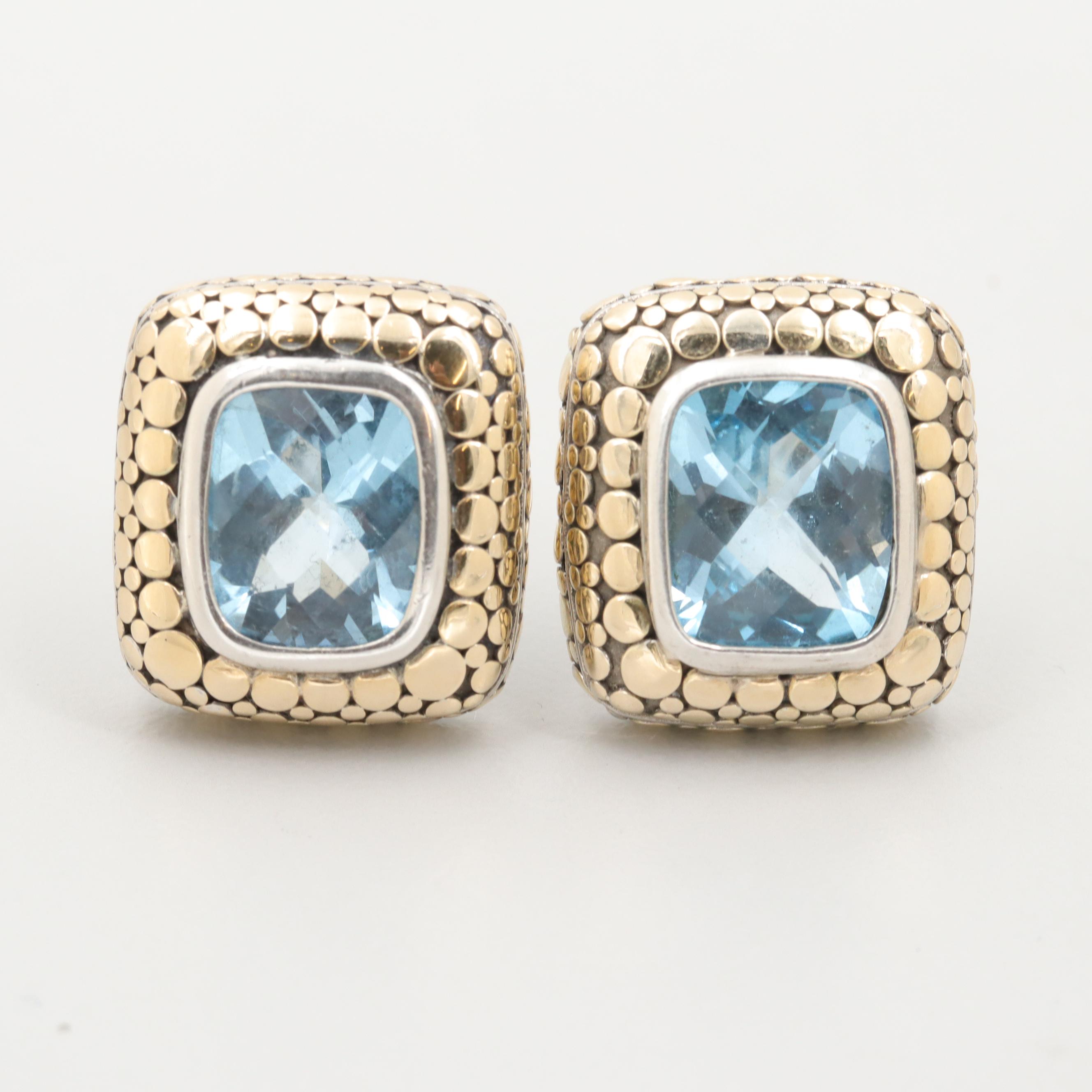 John Hardy "Dot" Sterling Silver and 18K Yellow Gold Blue Topaz Earrings