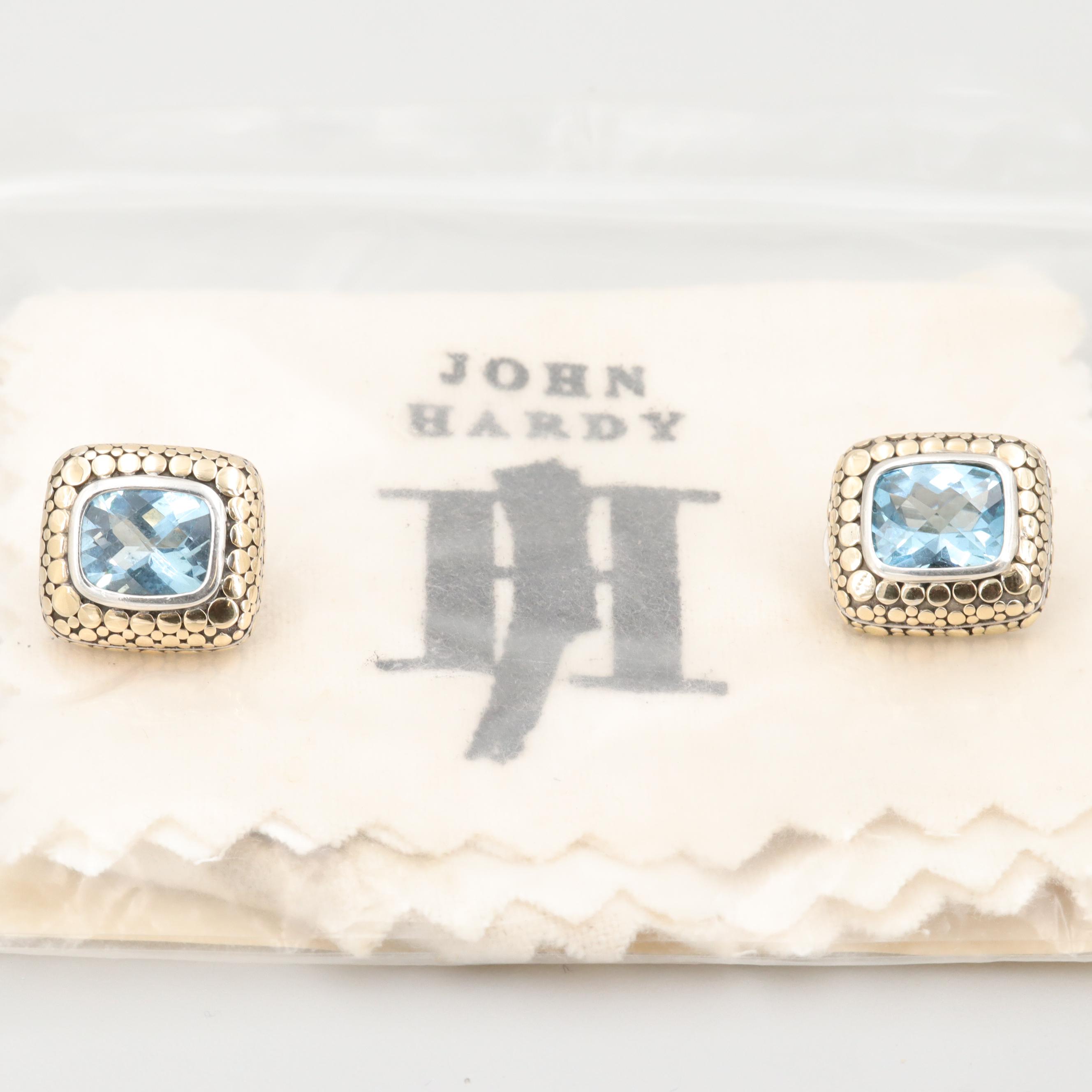 John Hardy "Dot" Sterling Silver and 18K Yellow Gold Blue Topaz Earrings