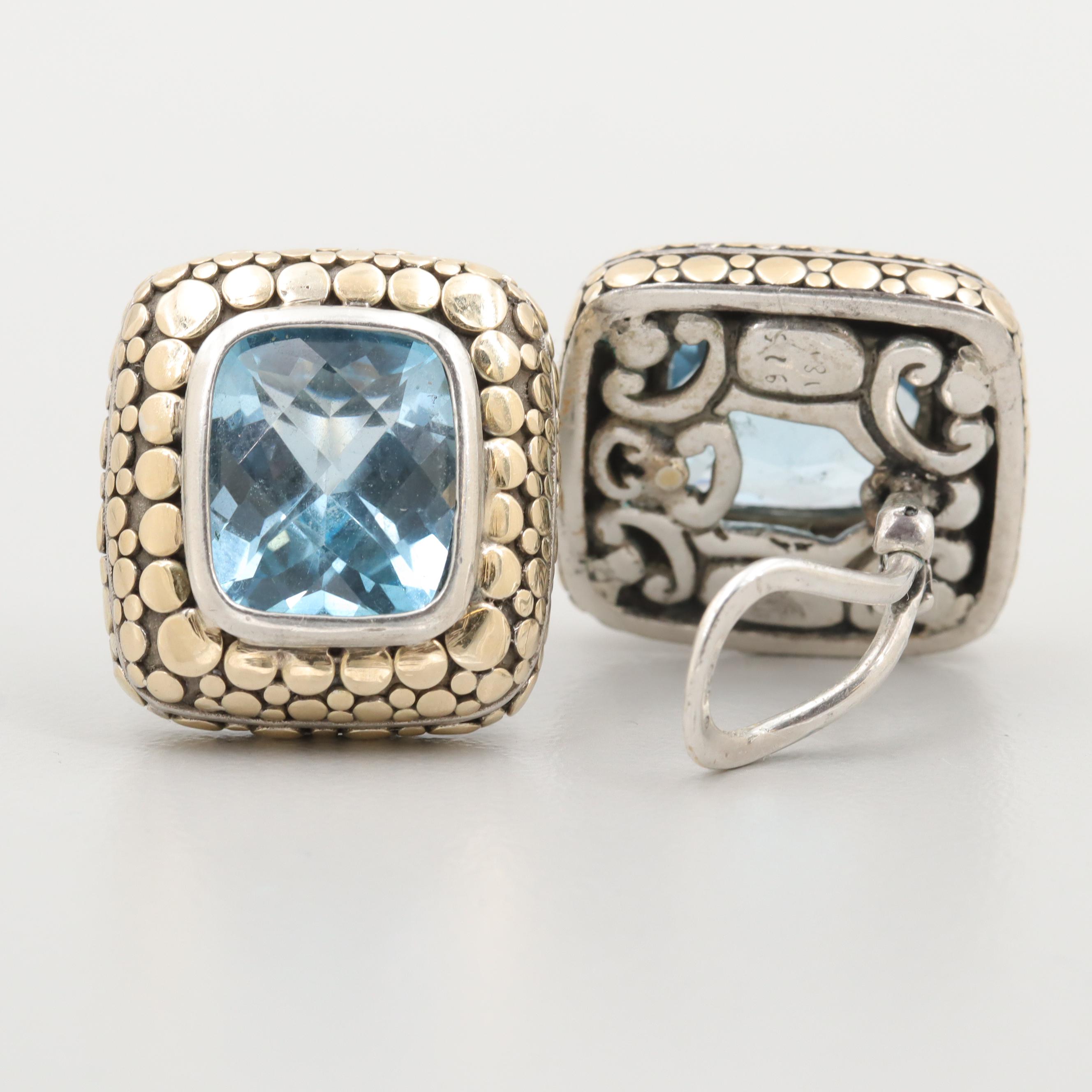 John Hardy "Dot" Sterling Silver and 18K Yellow Gold Blue Topaz Earrings
