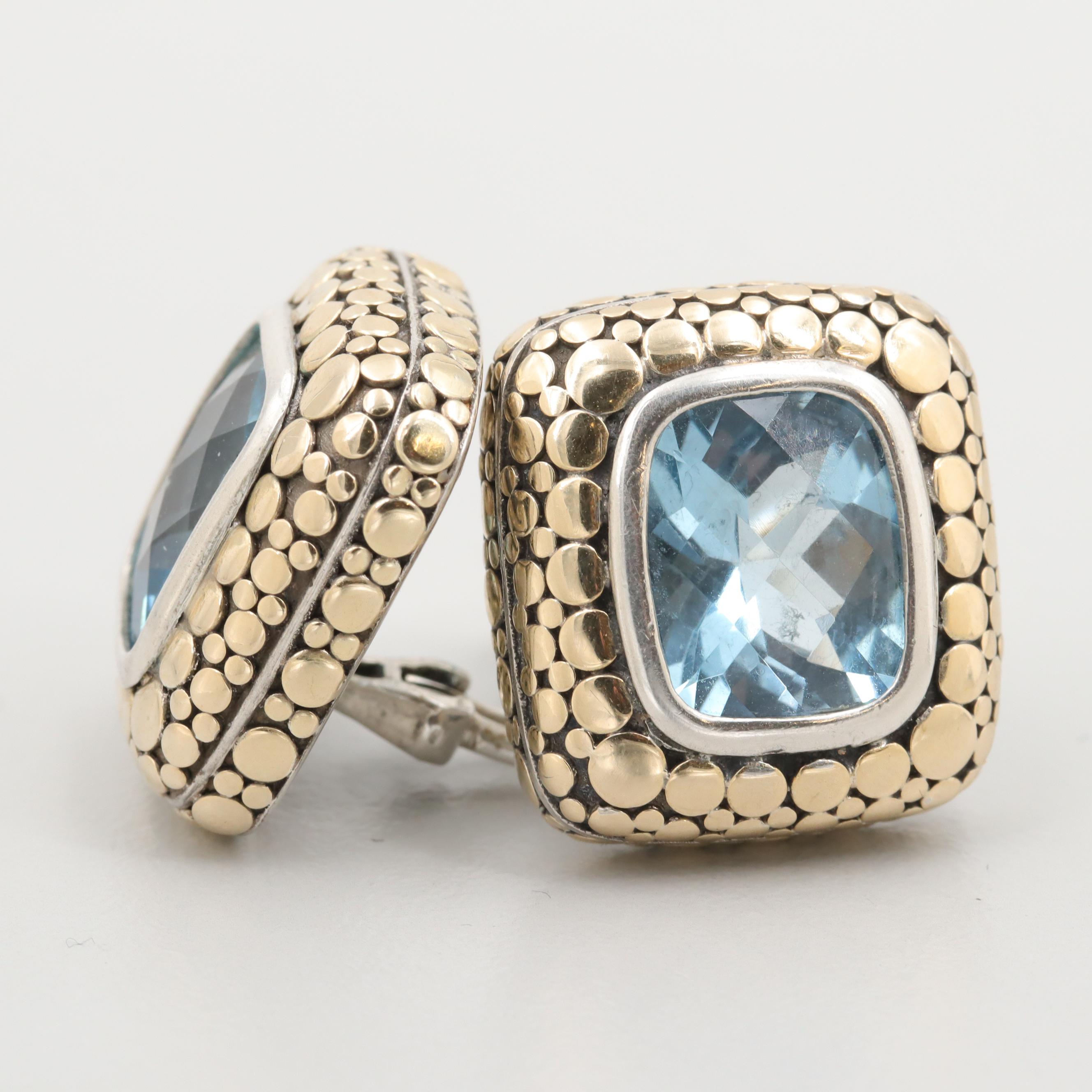John Hardy "Dot" Sterling Silver and 18K Yellow Gold Blue Topaz Earrings